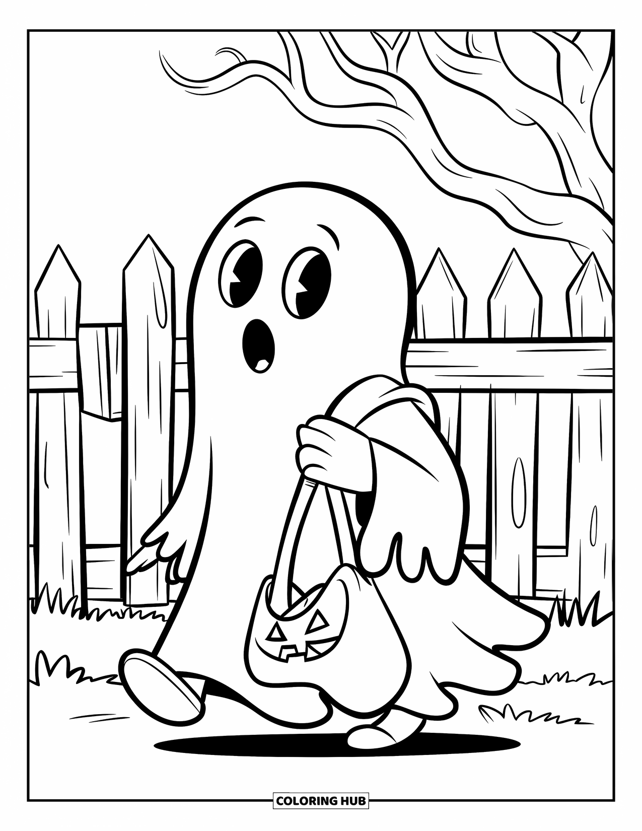 Ghost Coloring Page for Kids: A ghost with a treat bag walks past a crooked fence and tree