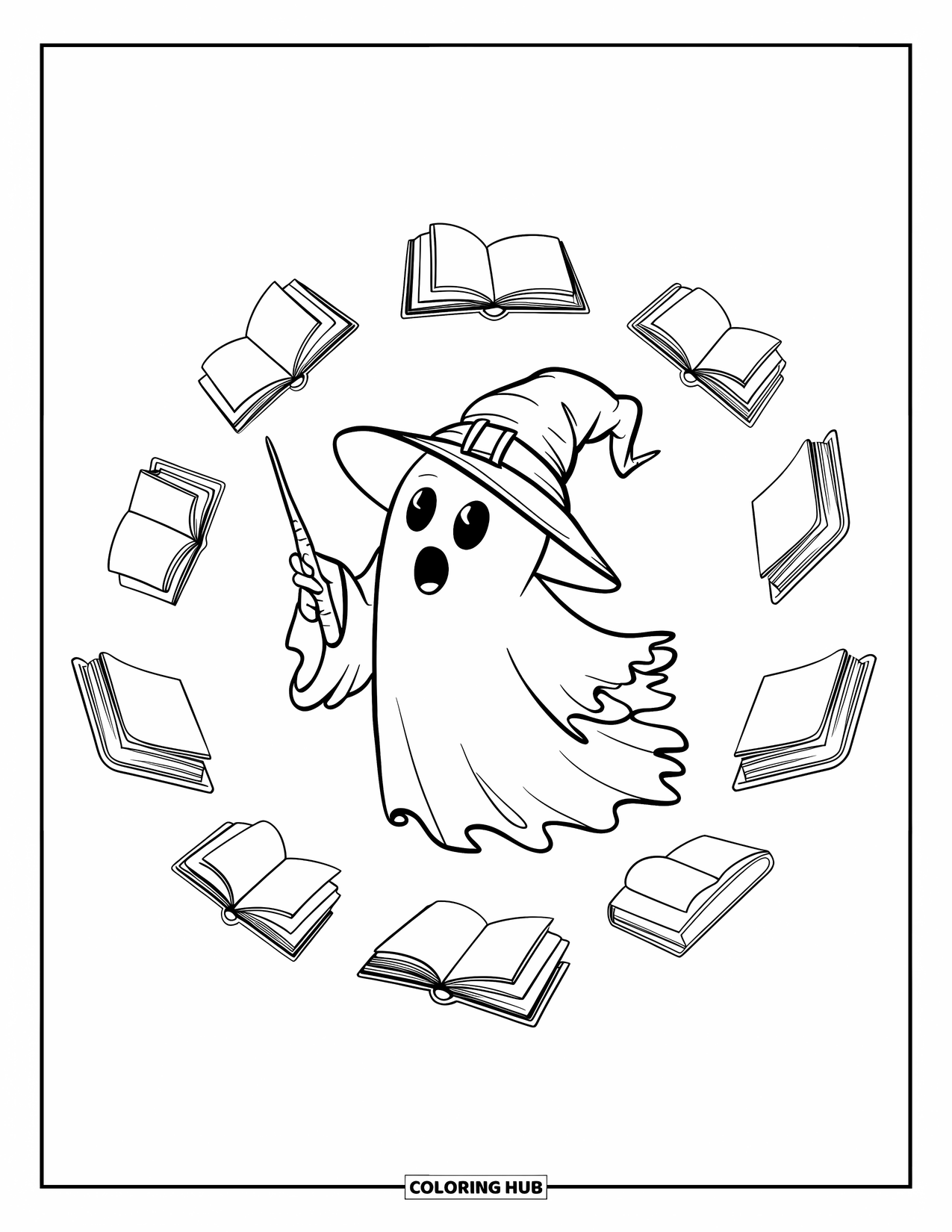 Ghost Coloring Page for Kids: A ghost with a wand floats in a ring of books, some opened mid-air