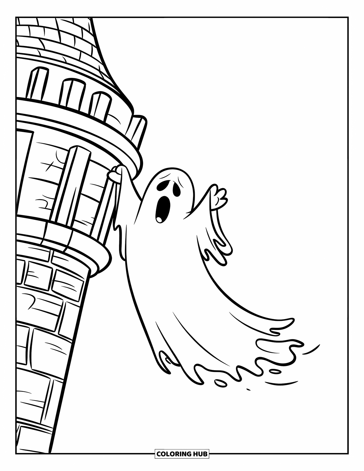 Ghost Coloring Page for Kids: A ghost with long arms dangles from a stone tower with a round top