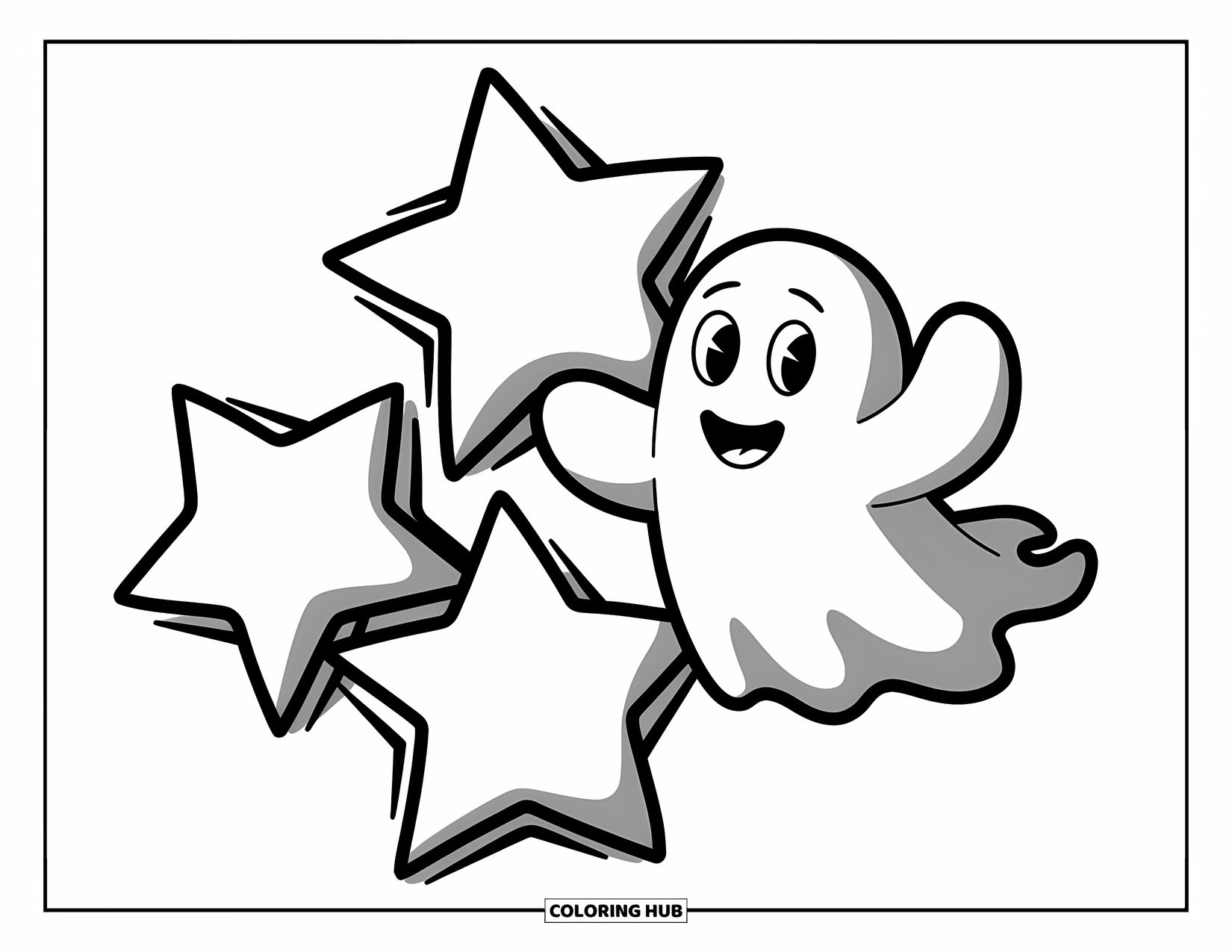 Ghost Coloring Page for Kids: A ghost with long arms waves beside glowing stars in a quiet sky