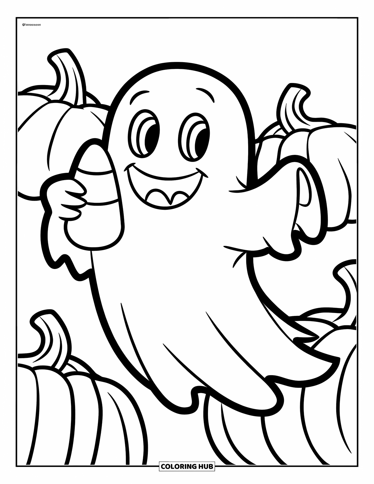 Ghost Coloring Page for Kids: A grinning ghost floats with a candy corn, pumpkins behind it