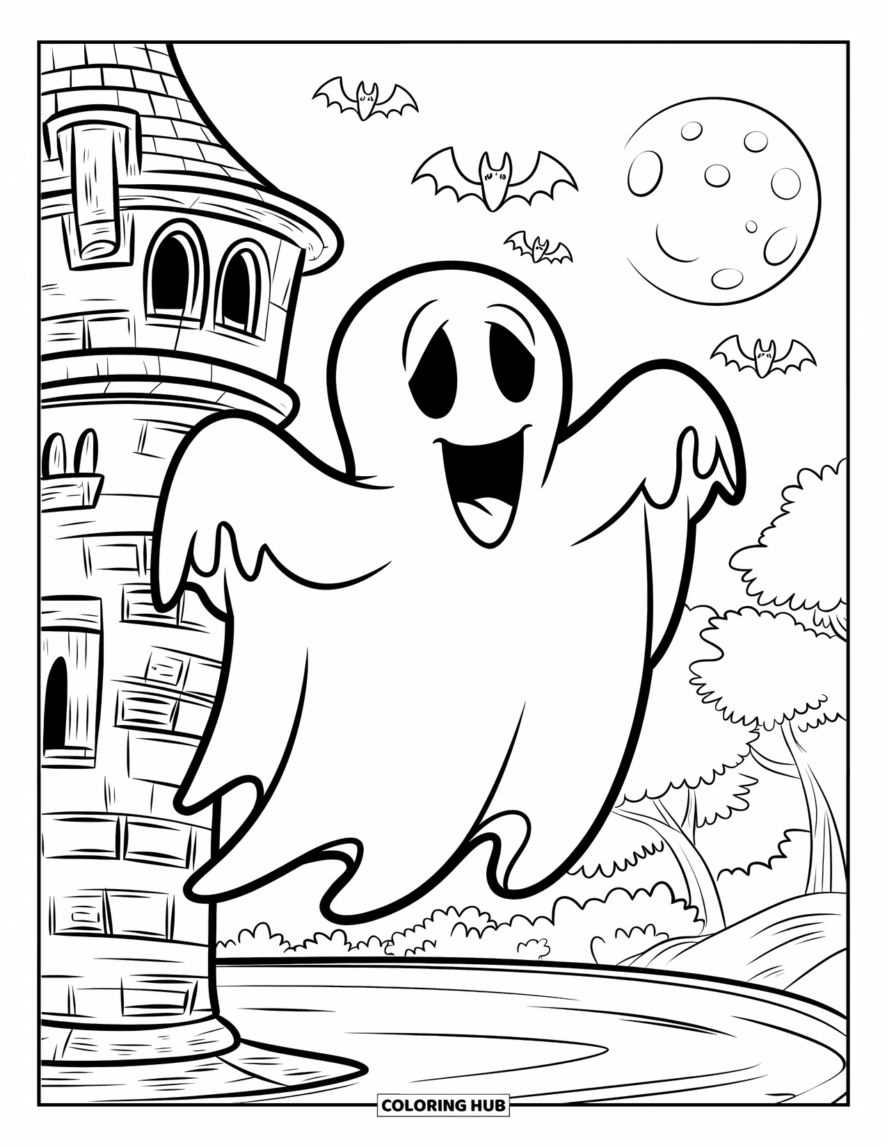 Ghost Coloring Page for Kids: A happy ghost clings to a tilted tower as bats fly under a full moon