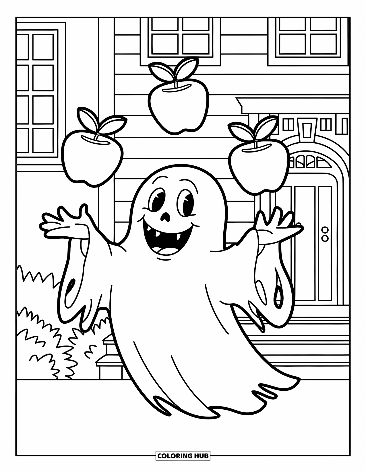 Ghost Coloring Page for Kids: A happy ghost in tatters juggles candy apples near a haunted house