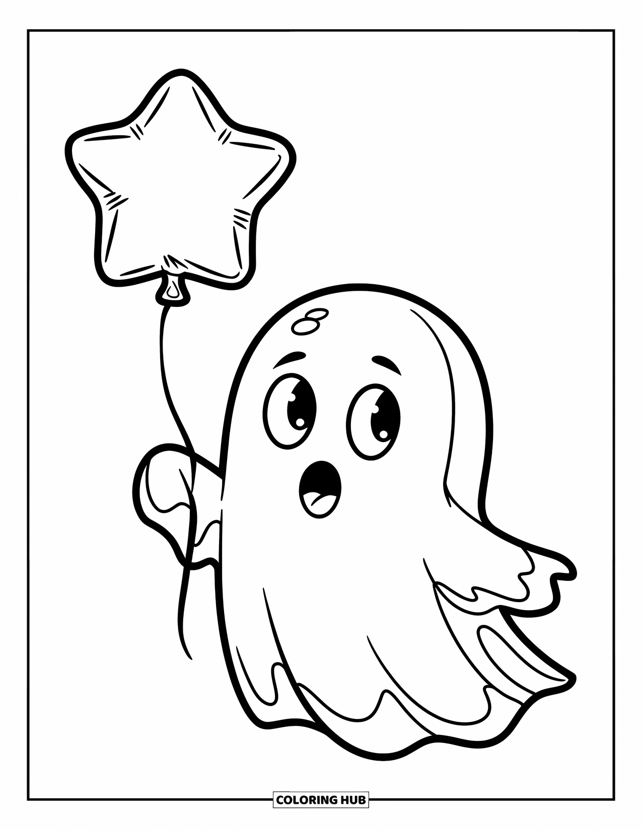 Ghost Coloring Page for Kids: A round ghost in a striped shirt holds a star balloon with a big smile