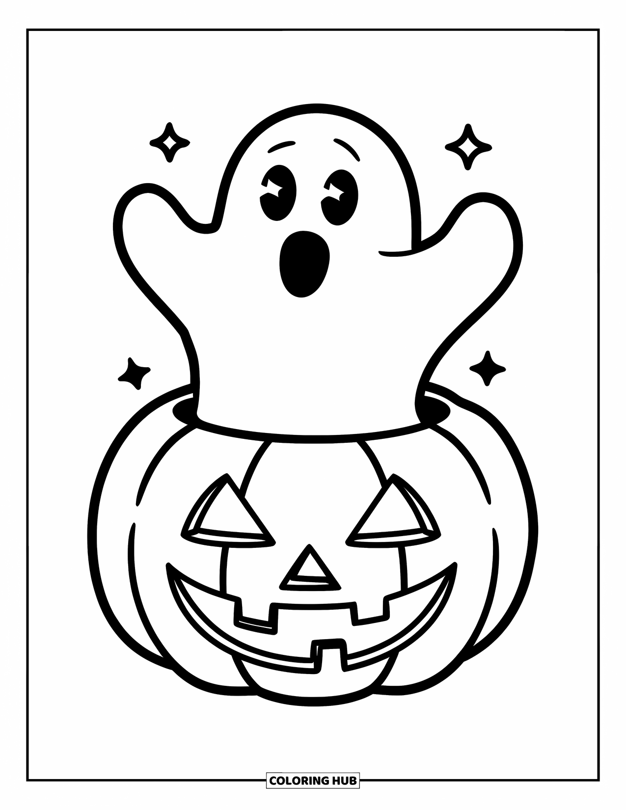 Ghost Coloring Page for Kids: A round ghost with big eyes pops out of a smiling jack-o'-lantern