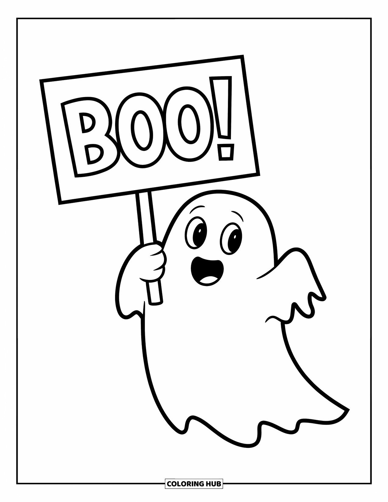 Ghost Coloring Page for Kids: A round ghost with long arms holds a cheerful “Boo!” sign
