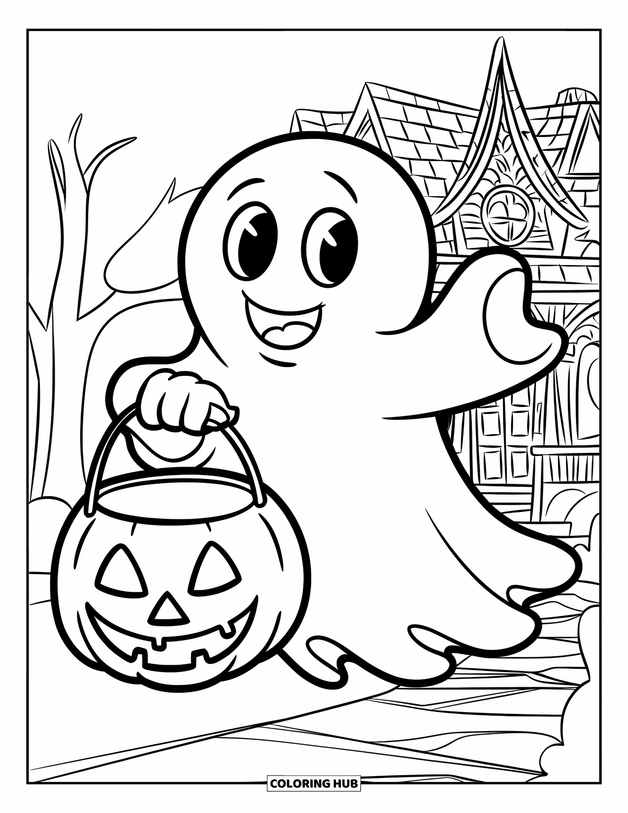 Ghost Coloring Page for Kids: A smiling ghost floats with a pumpkin bucket near a house with trees