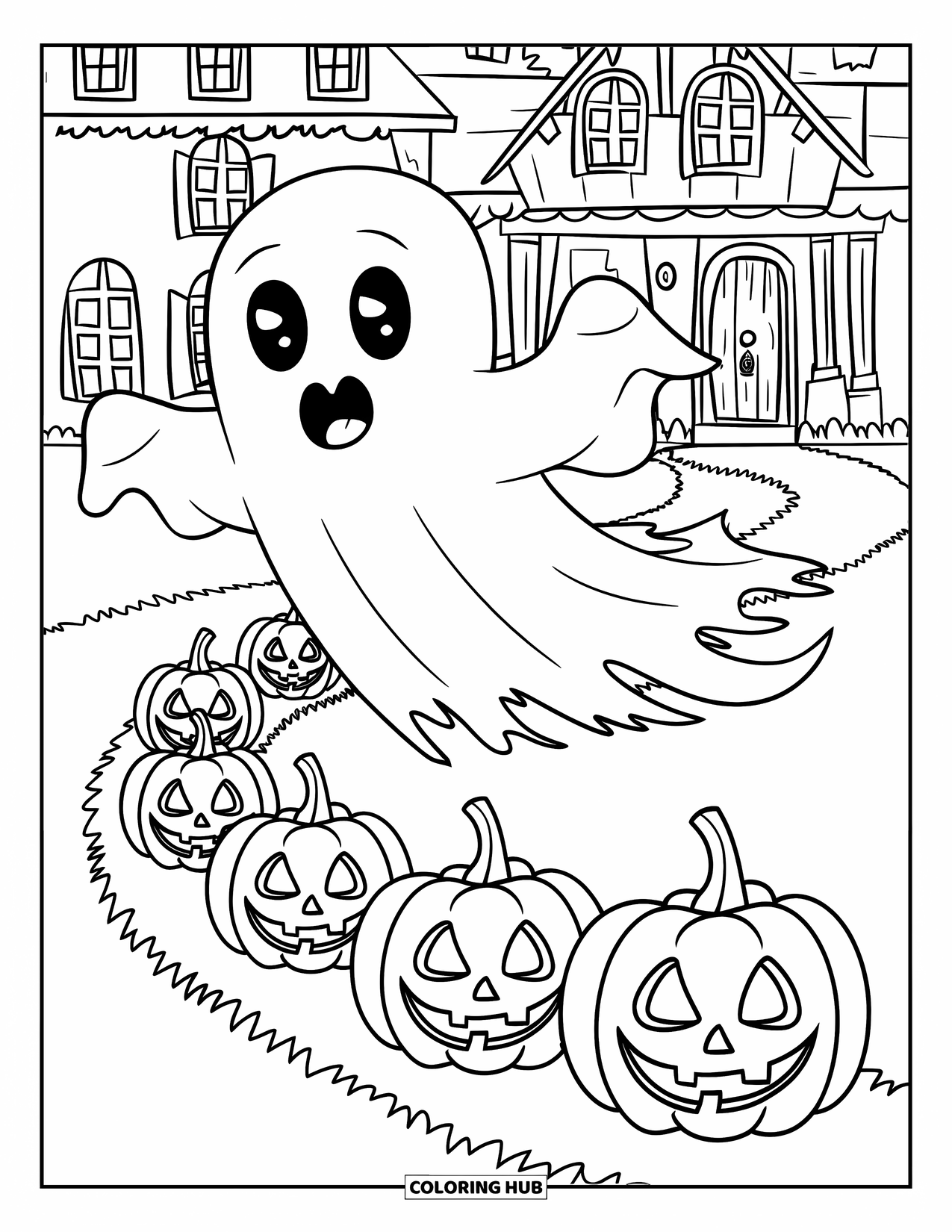Ghost Coloring Page for Kids: A smiling ghost glides above pumpkins along a winding path near a haunted mansion