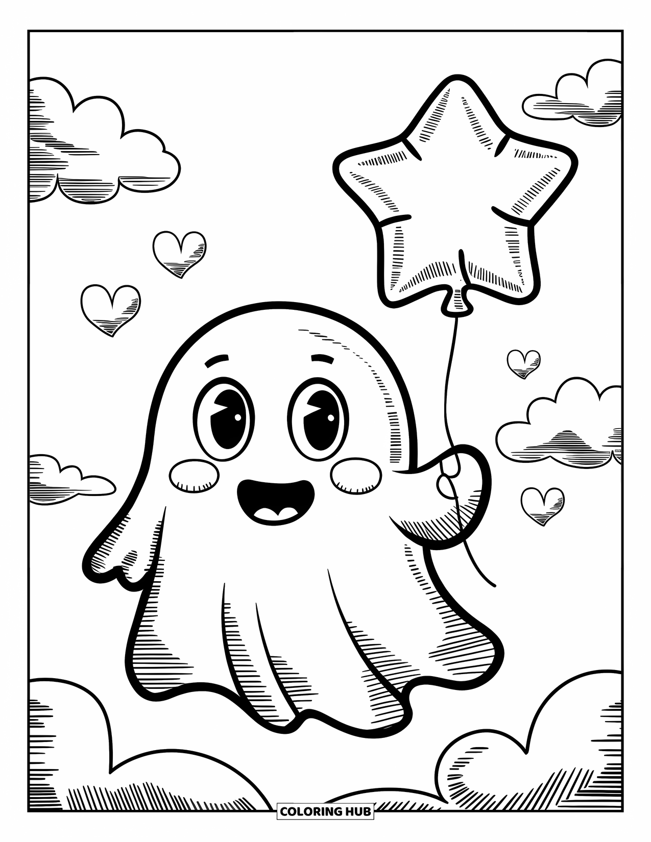 Ghost Coloring Page for Kids: A smiling ghost holds a star balloon while hearts float around in the sky