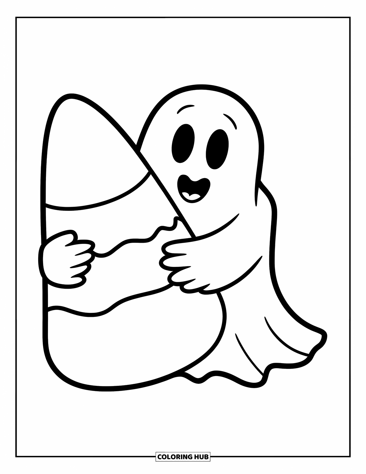 Ghost Coloring Page for Kids: A smiling ghost hugs a giant candy corn while wearing a striped shirt