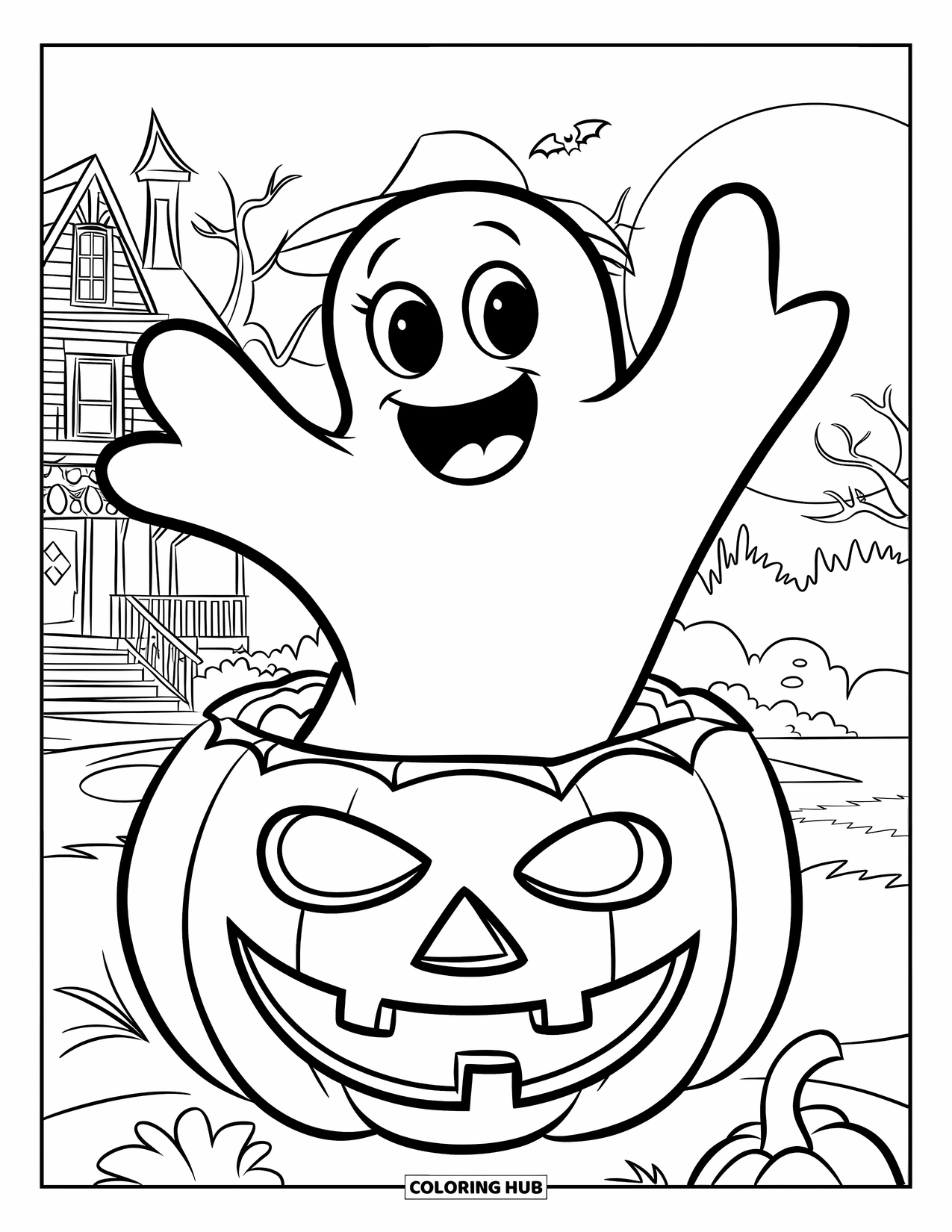 Ghost Coloring Page for Kids: A smiling ghost in a hat pops out of a pumpkin near a haunted house