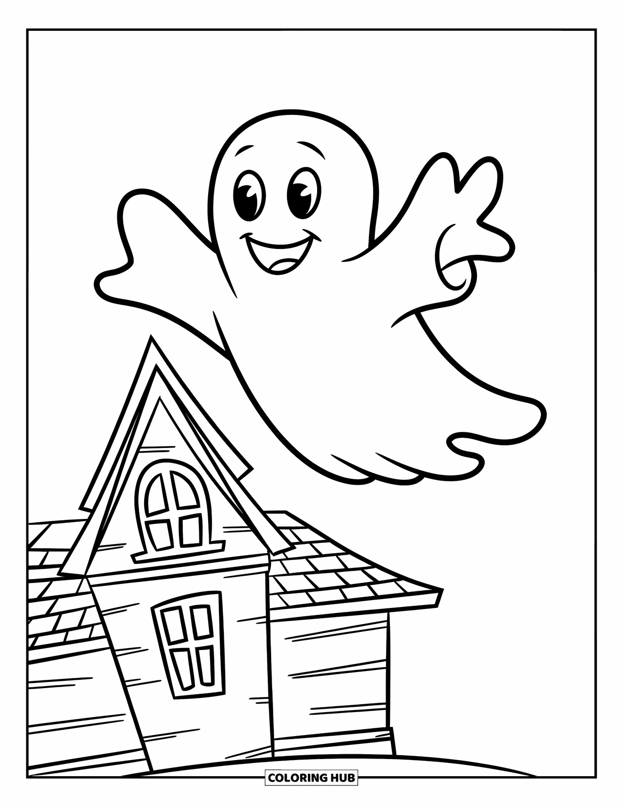Ghost Coloring Page for Kids: A smiling ghost in a striped shirt floats above a small haunted house