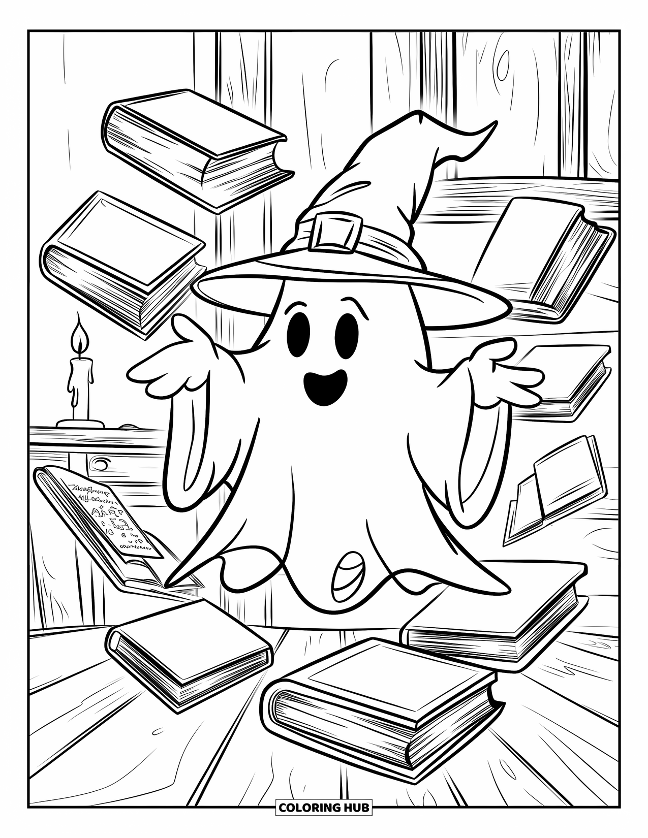 Ghost Coloring Page for Kids: A smiling ghost in a wizard hat floats with books in a candlelit room