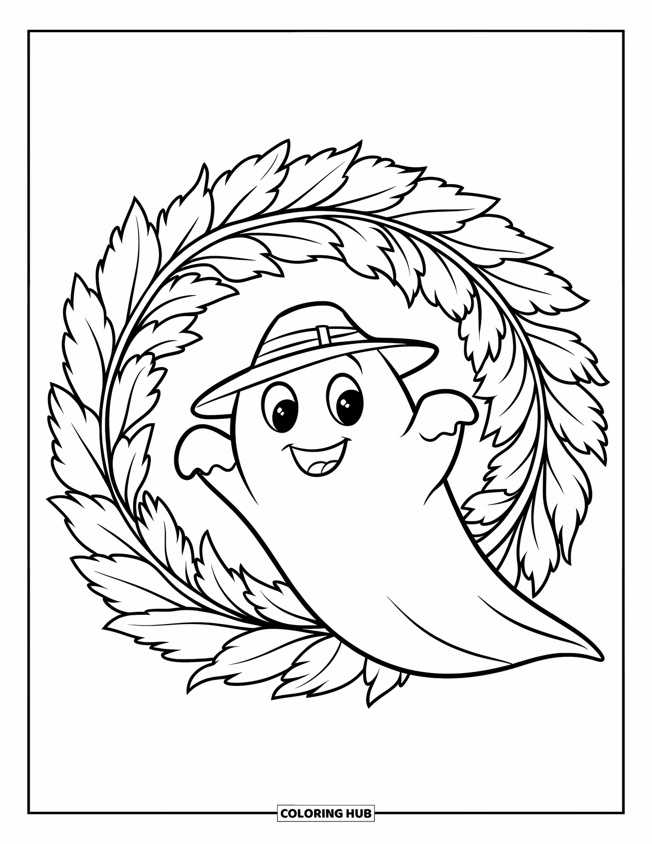 Ghost Coloring Page for Kids: A smiling ghost peeks through a large ring of leaves, wearing a little hat