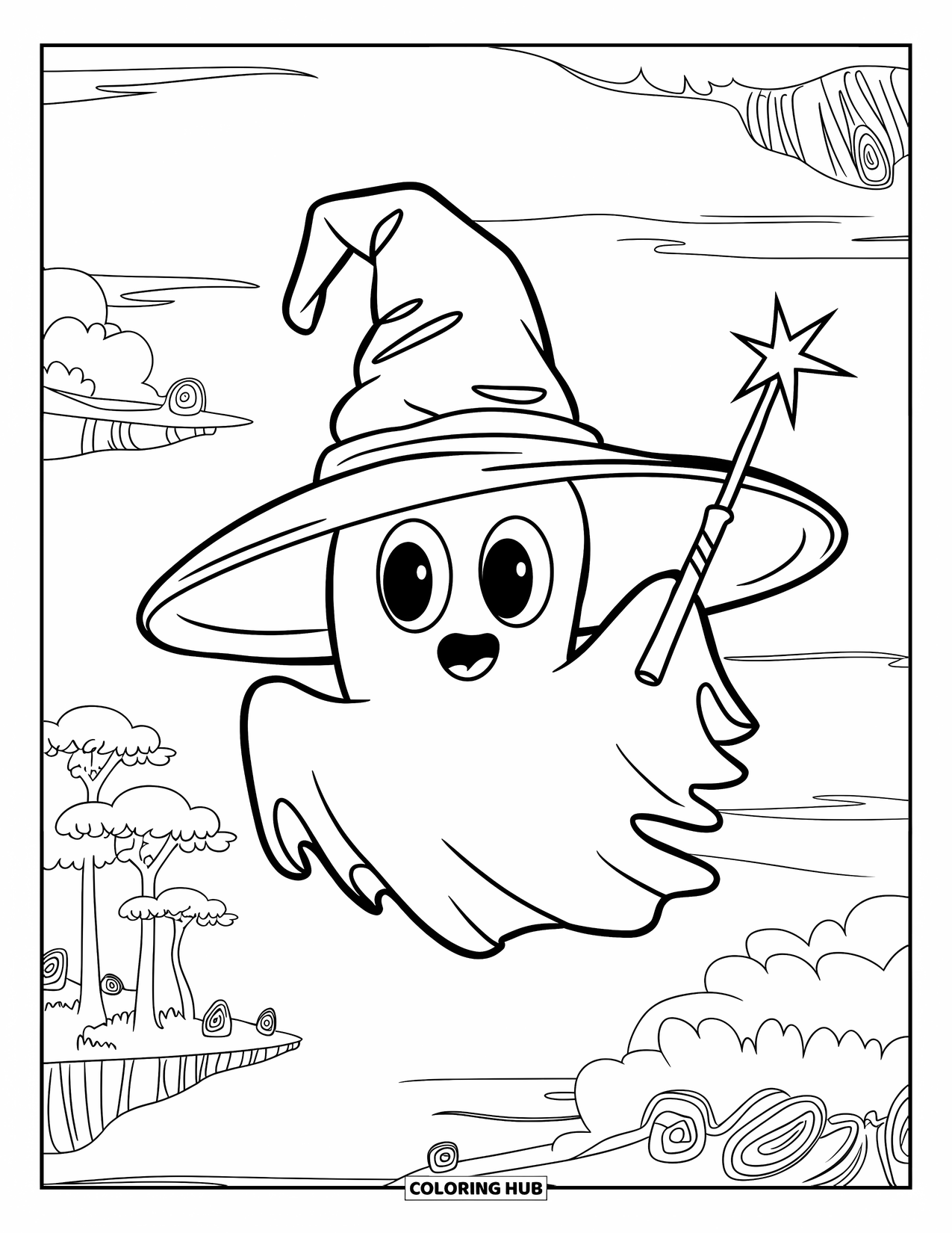 Ghost Coloring Page for Kids: A tiny ghost with a wand floats among clouds and floating islands