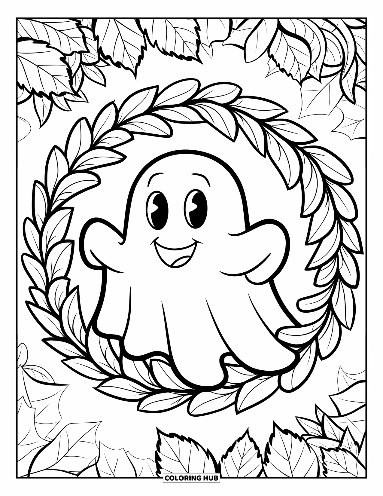 Ghost Coloring Page for Kids: A translucent ghost smiles while surrounded by a circle of scattered leaves