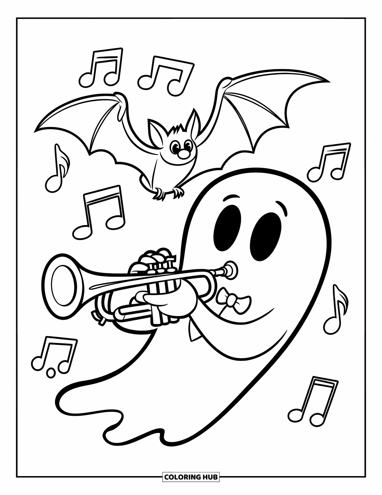 Ghost Coloring Page for Kids: A trumpet-playing ghost performs under a flying bat with music notes in the air