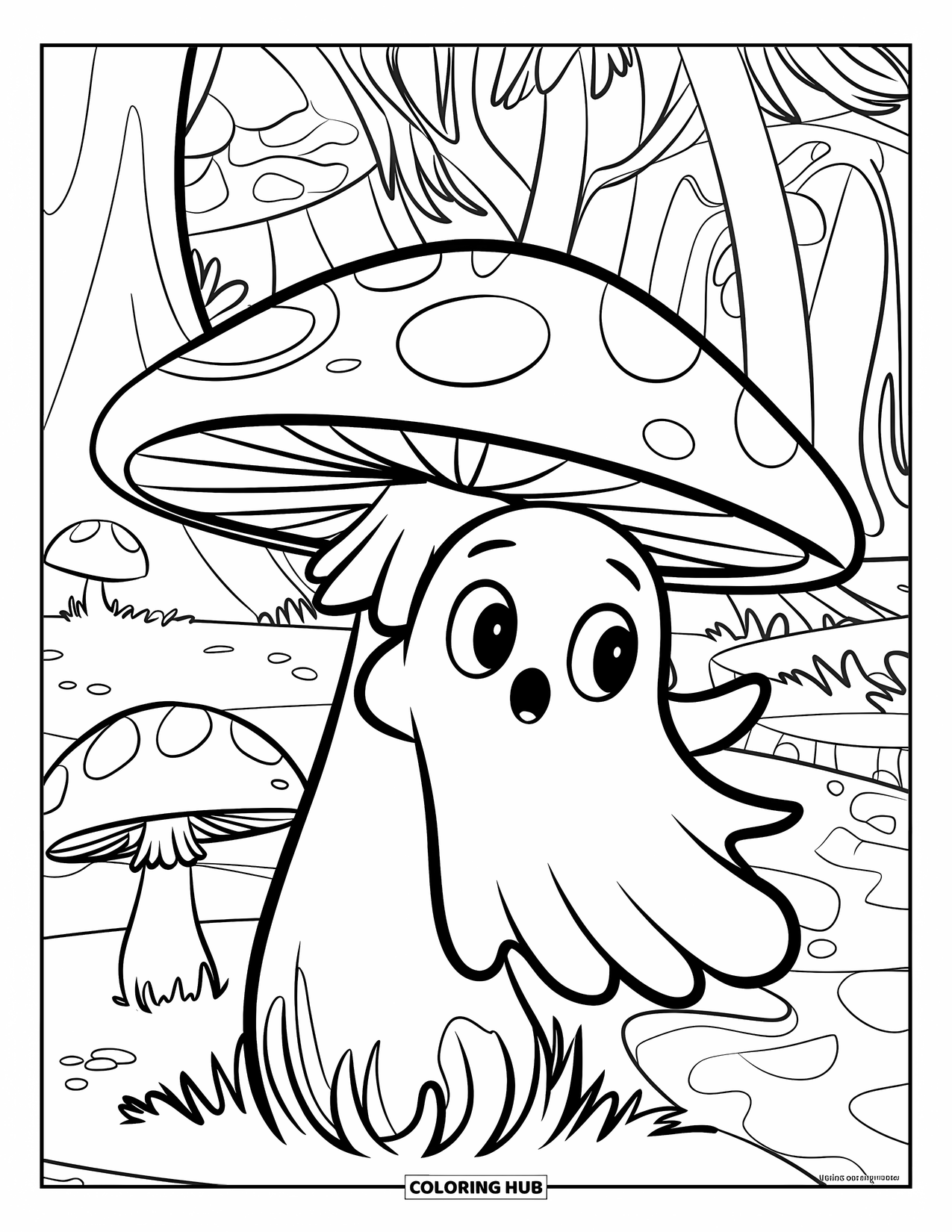 Ghost Coloring Page for Kids: A wide-eyed ghost peeks from behind a mushroom in a magical forest