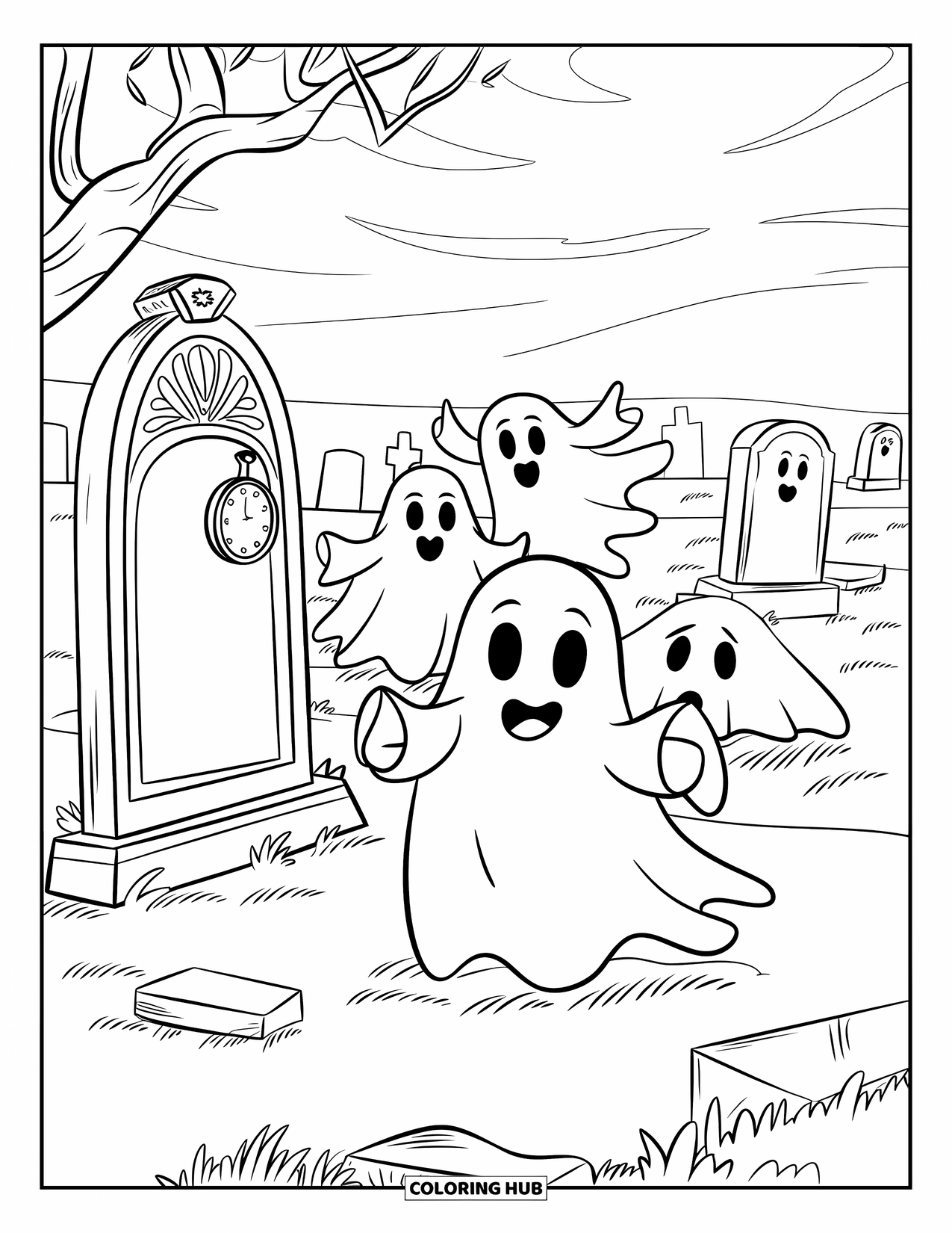 Ghost Coloring Page for Kids: Ghosts play hide-and-seek near tombstones under an overcast sky