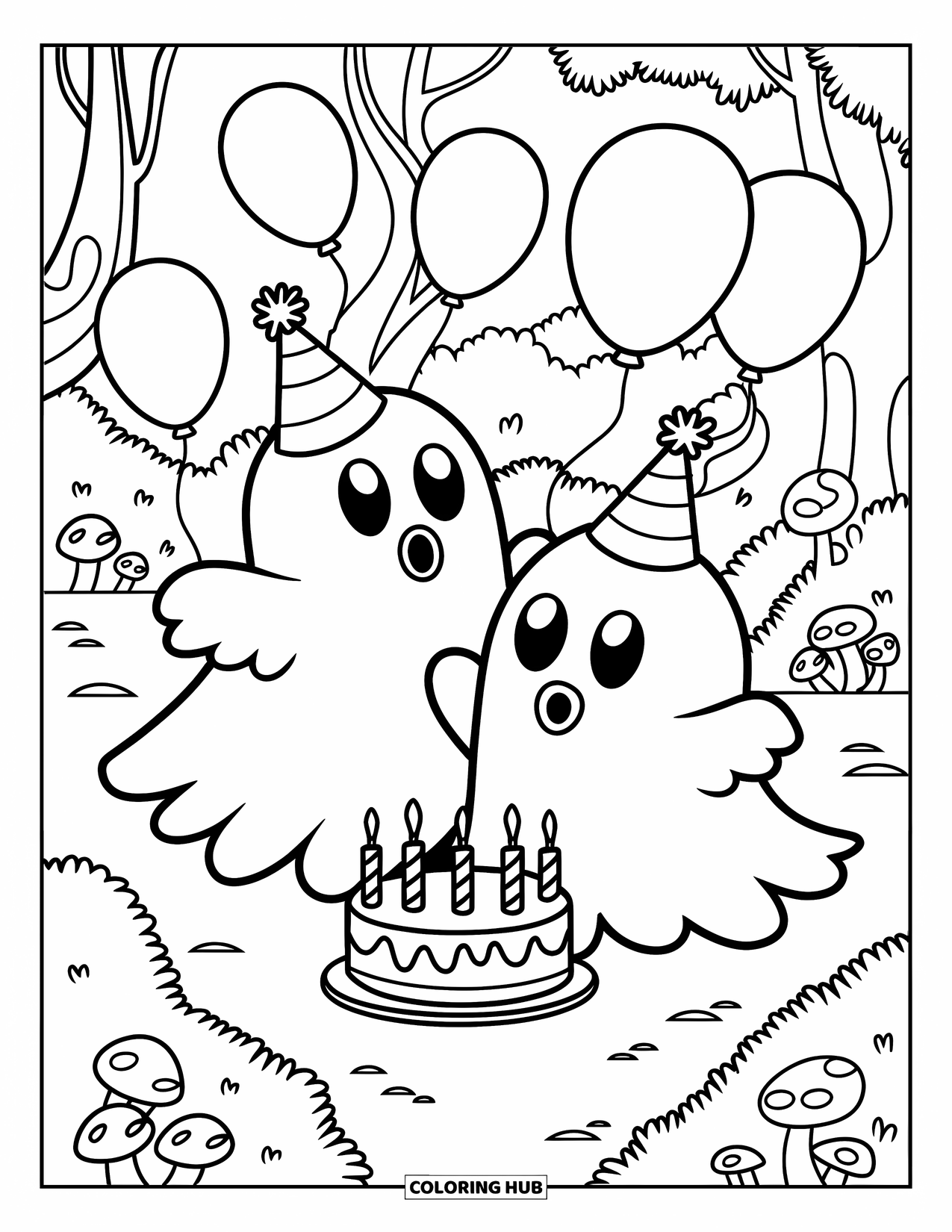 Ghost Coloring Page for Kids: One ghost sits, one stands as they celebrate with balloons and cake in a forest