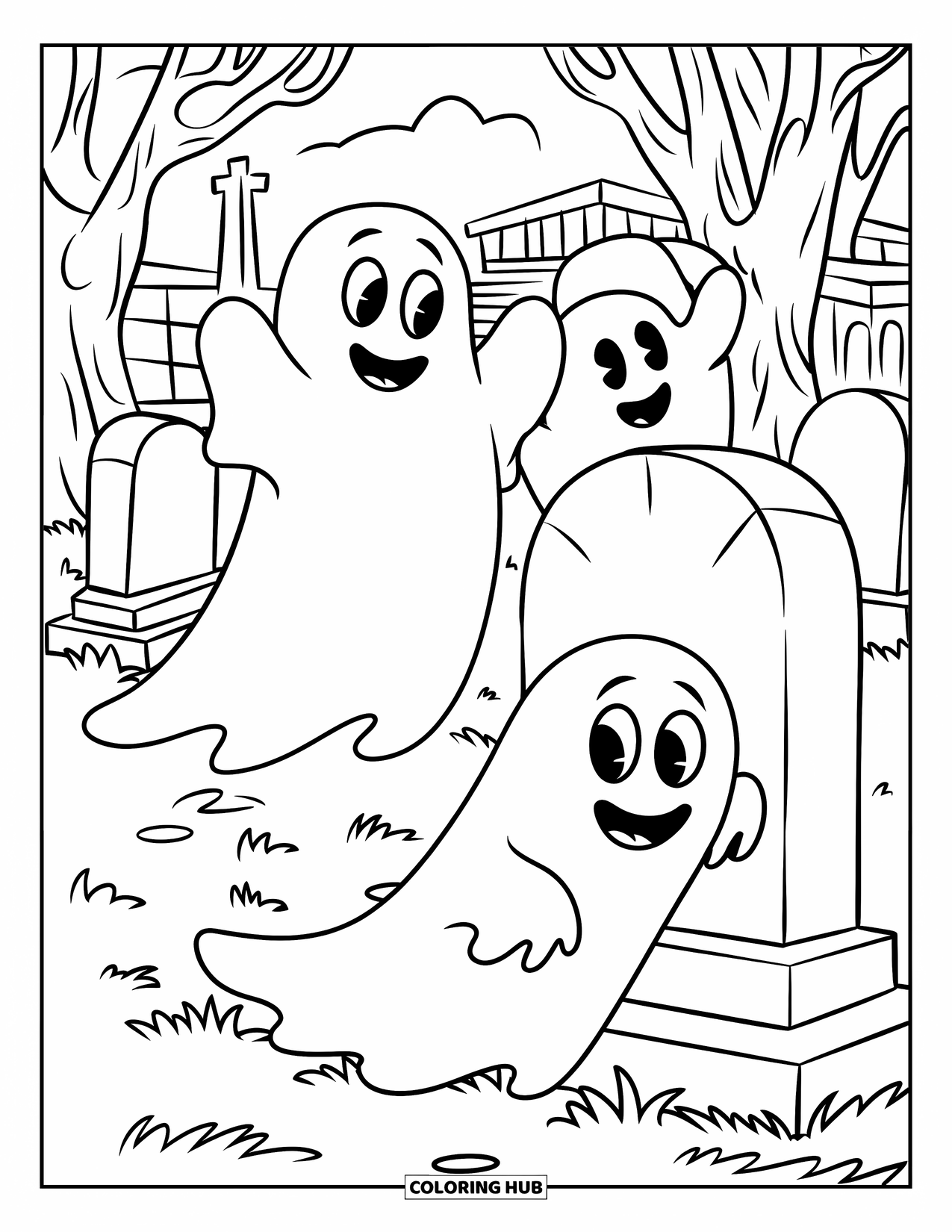 Ghost Coloring Page for Kids: Smiling ghosts hide behind tombstones and trees in a quiet graveyard
