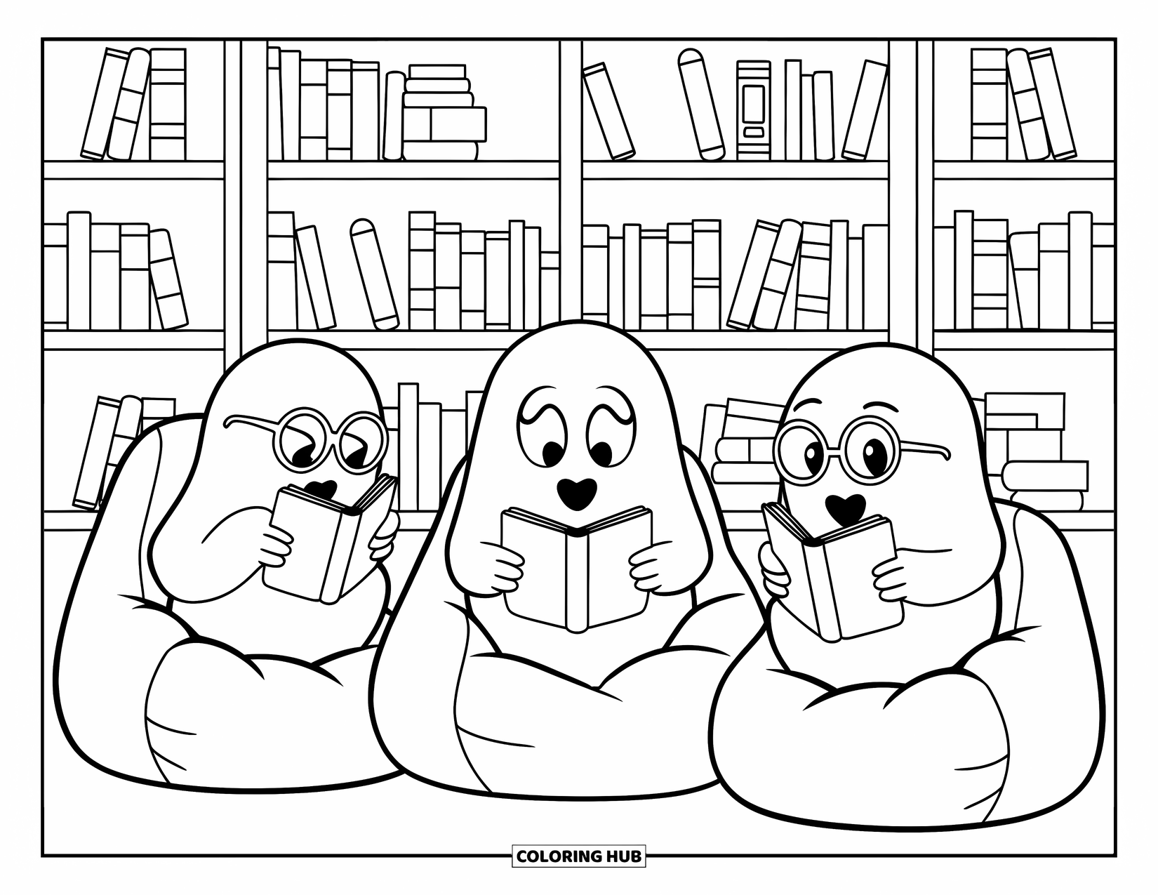 Ghost Coloring Page for Kids: Three ghosts in glasses read books while sitting on bean bags in a cozy library