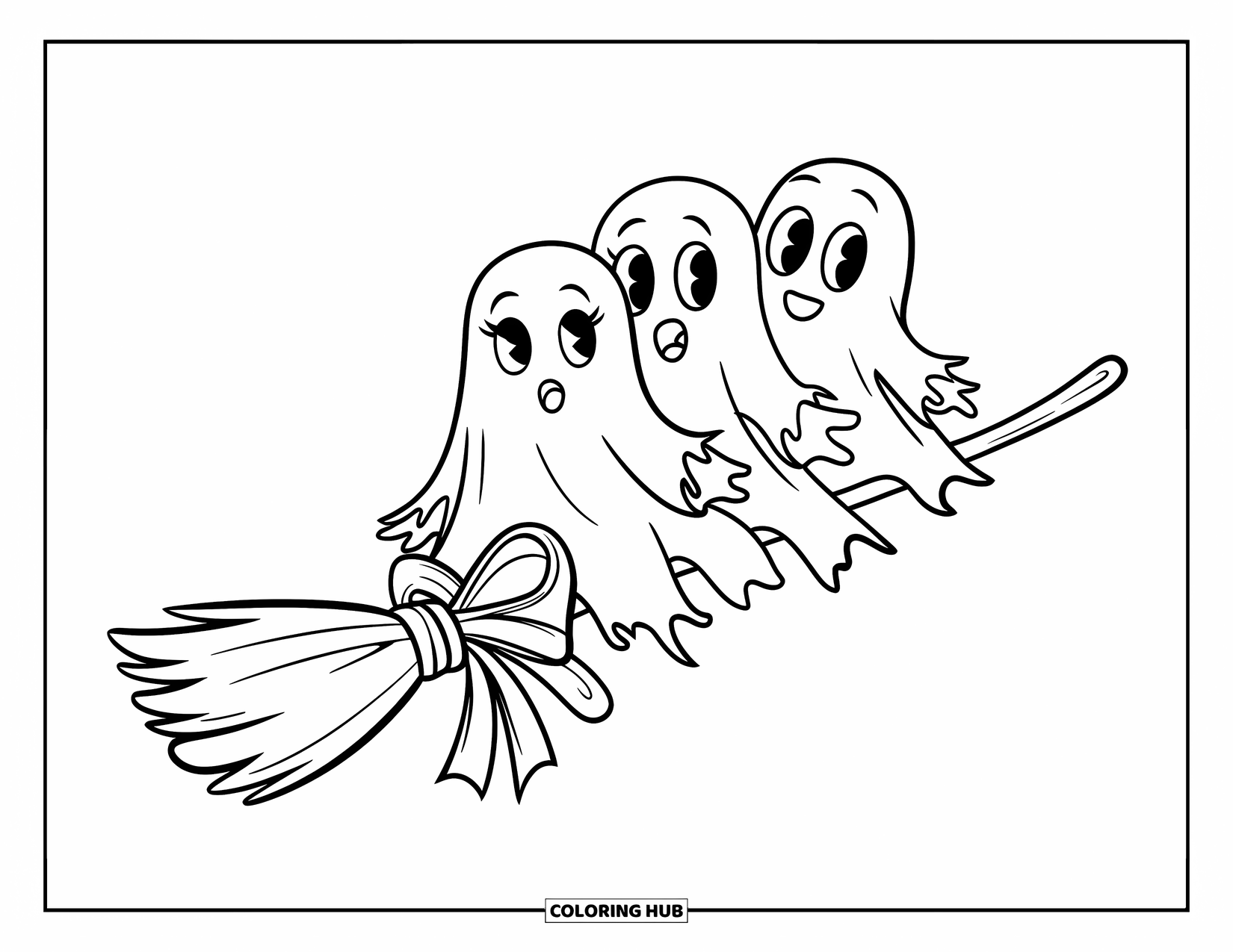 Ghost Coloring Page for Kids: Three ghosts in tatters ride a broom with a bow tied to the handle