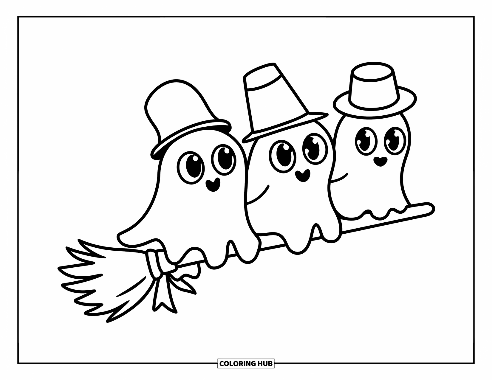 Ghost Coloring Page for Kids: Three little ghosts ride a broom with tall hats and round eyes