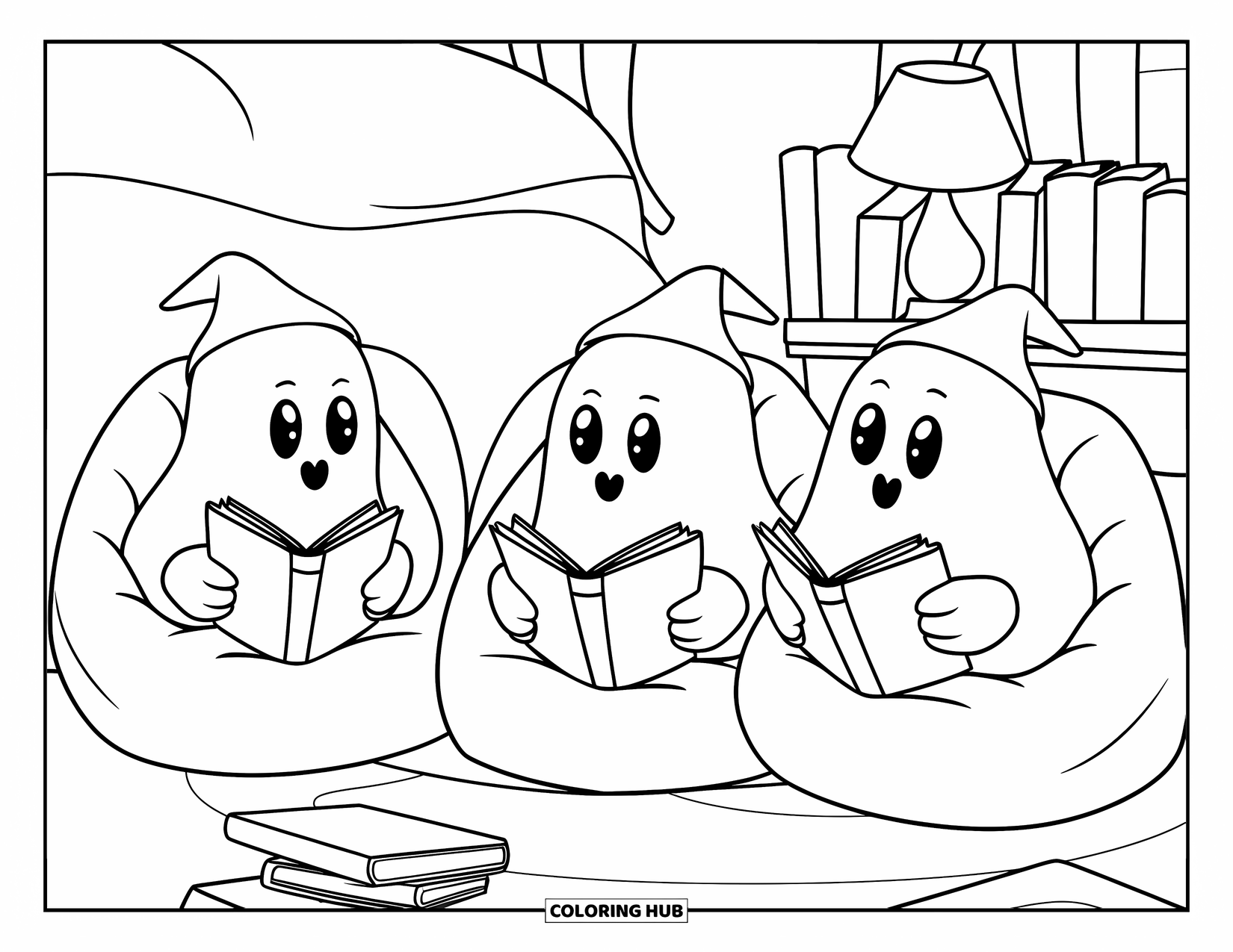 Ghost Coloring Page for Kids: Three round ghosts read on bean bags under a lamp in a cozy room