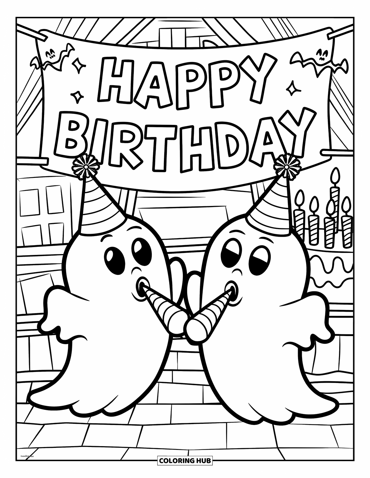 Ghost Coloring Page for Kids: Two birthday ghosts in a haunted house celebrate with hats, horns, and cake nearby