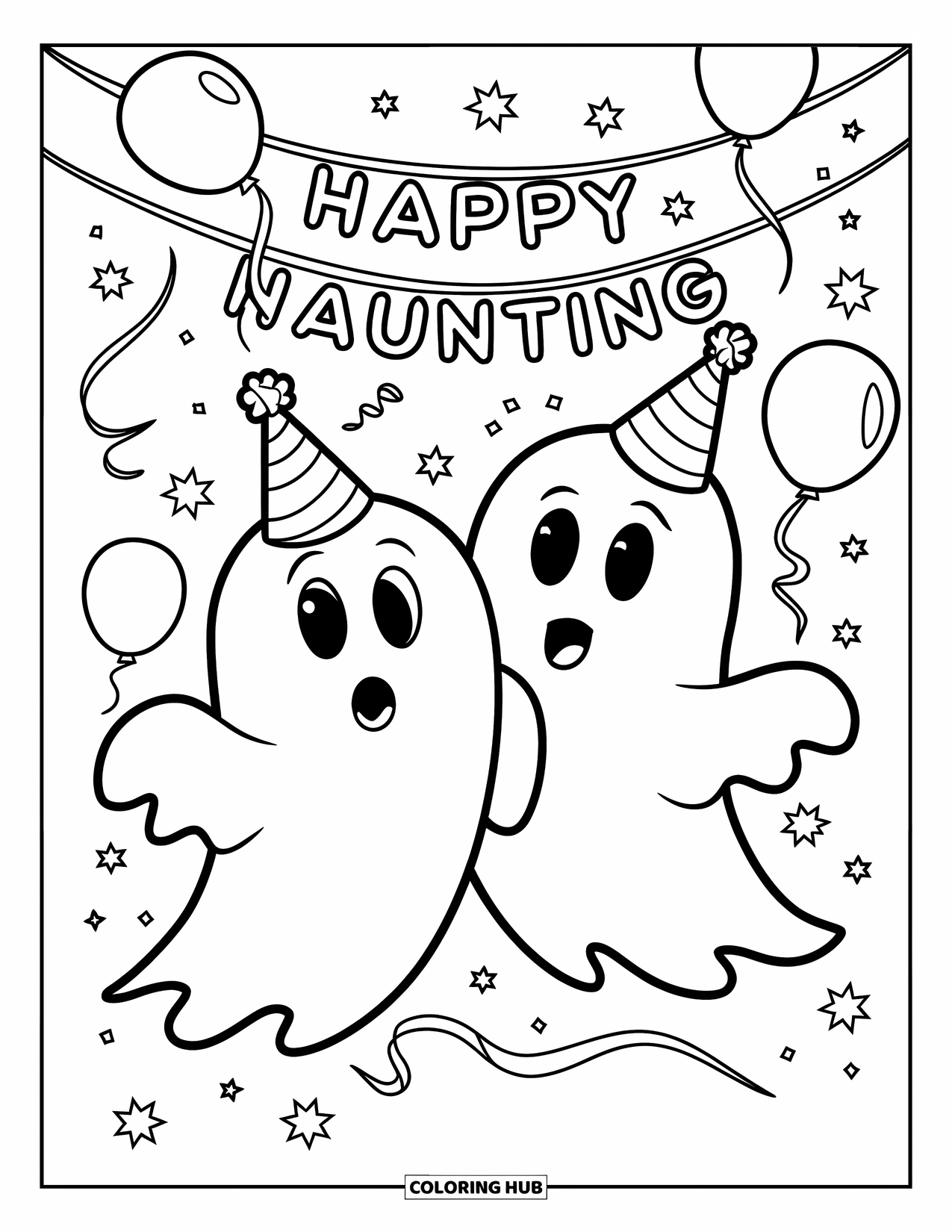 Ghost Coloring Page for Kids: Two ghosts in party hats blow horns under a “Happy Haunting” banner with balloons and streamers