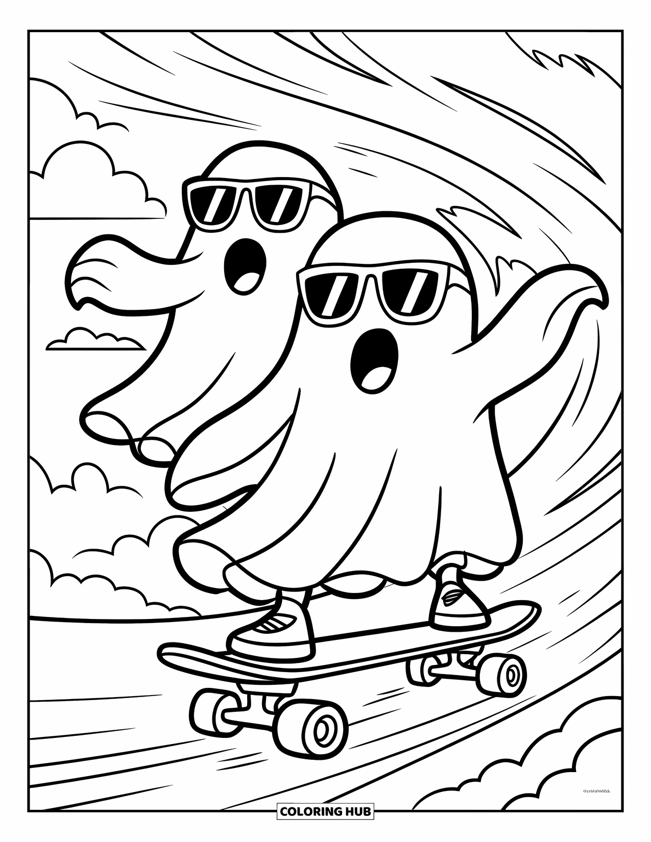 Ghost Coloring Page for Kids: Two ghosts in sunglasses ride a skateboard under swirling wind and cloudy skies