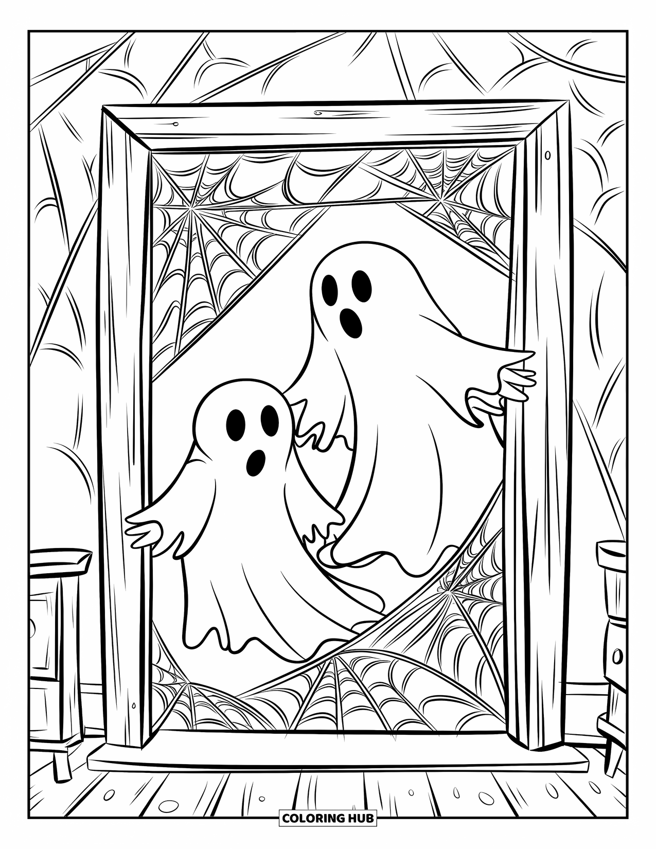 Ghost Coloring Page for Kids: Two ghosts in tatters enter a cobwebbed room with scattered furniture
