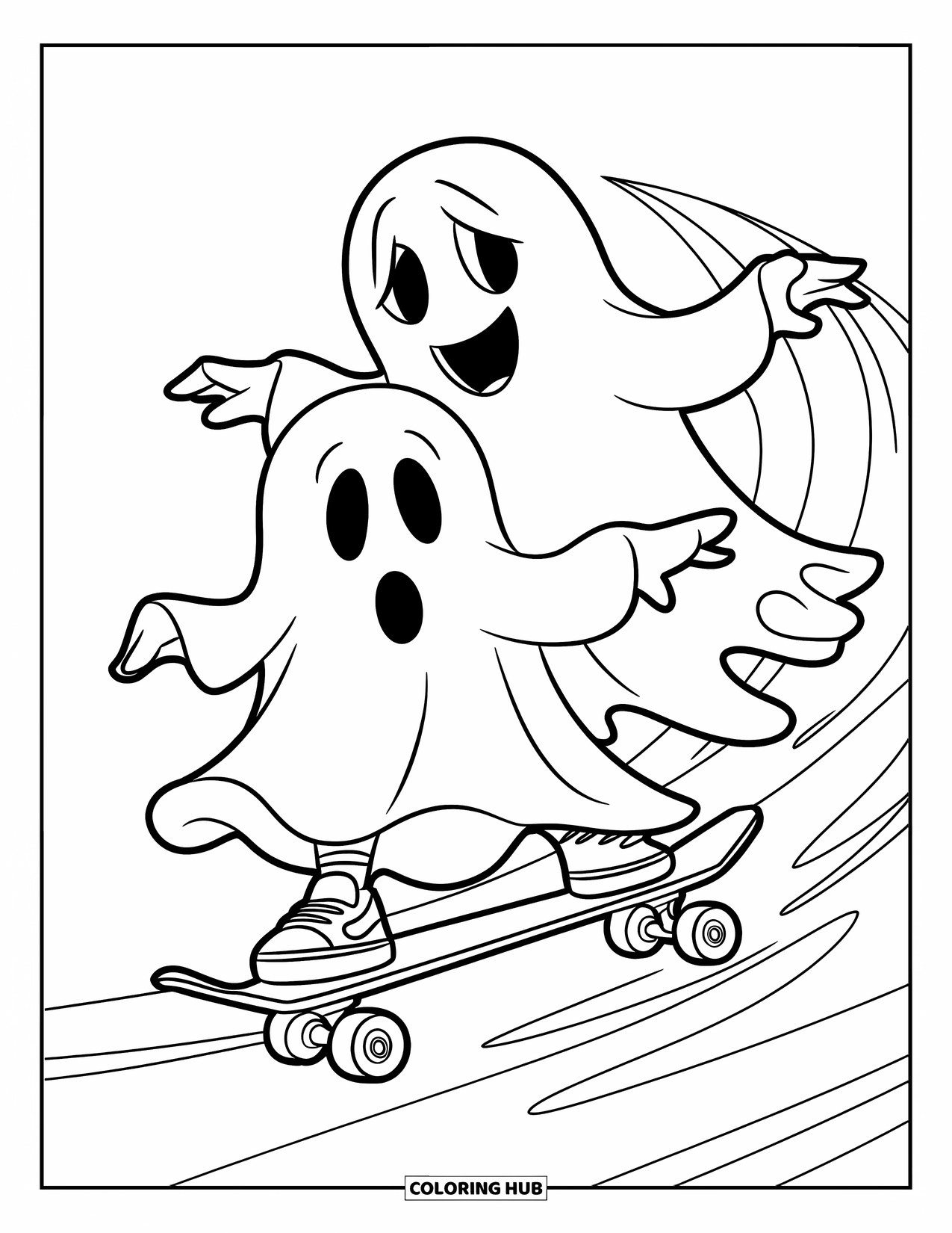 Ghost Coloring Page for Kids: Two ghosts ride a skateboard with wind swirling behind them