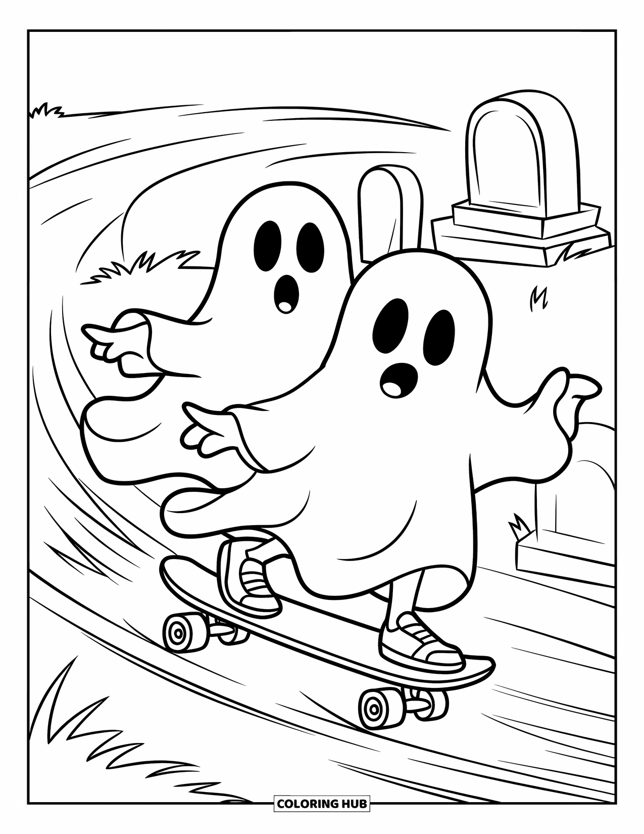 Ghost Coloring Page for Kids: Two ghosts skateboard past tombstones as wind swirls through the cemetery