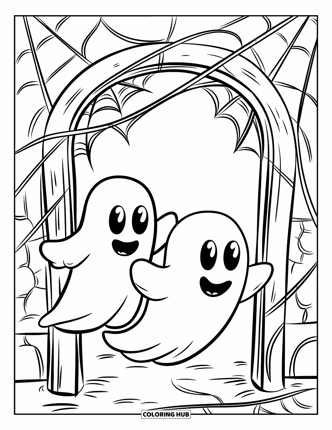 Ghost Coloring Page for Kids: Two ghosts step carefully through a cobweb-covered doorway