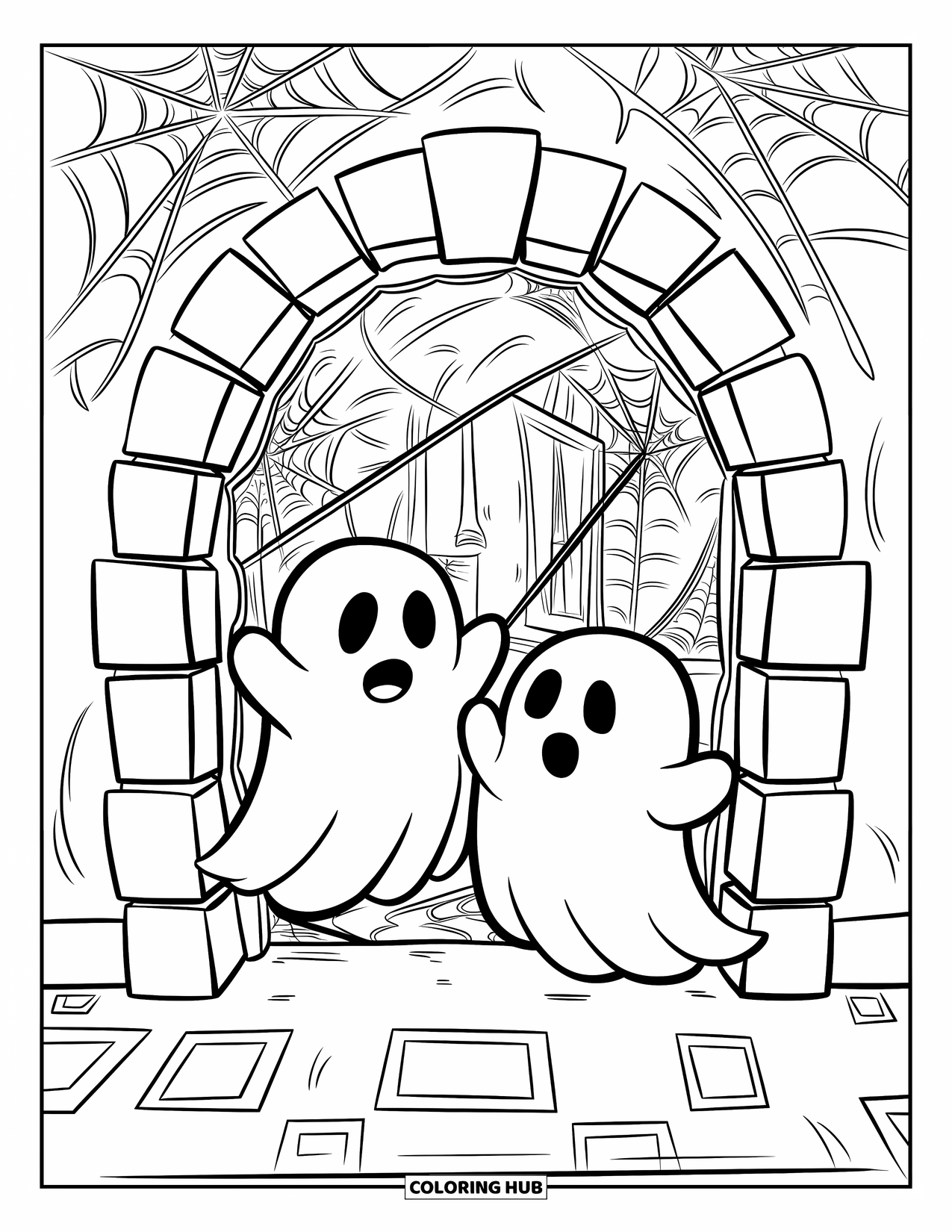 Ghost Coloring Page for Kids: Two ghosts walk through a stone archway into a dim room with patterned floors