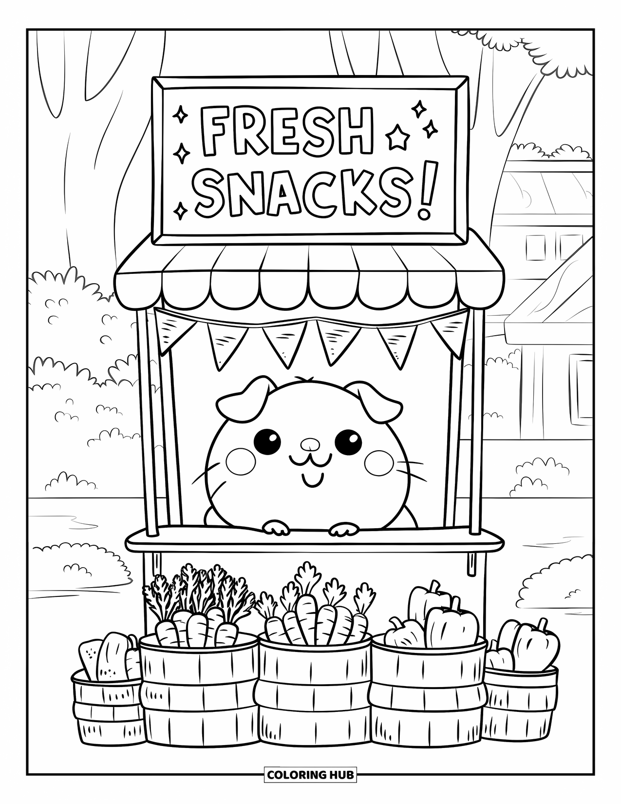 Desenho de Porquinho-da-Índia para Adultos: Porquinho-da-índia atrás de uma barraca de mercado vende lanches frescos sob bandeirinhas