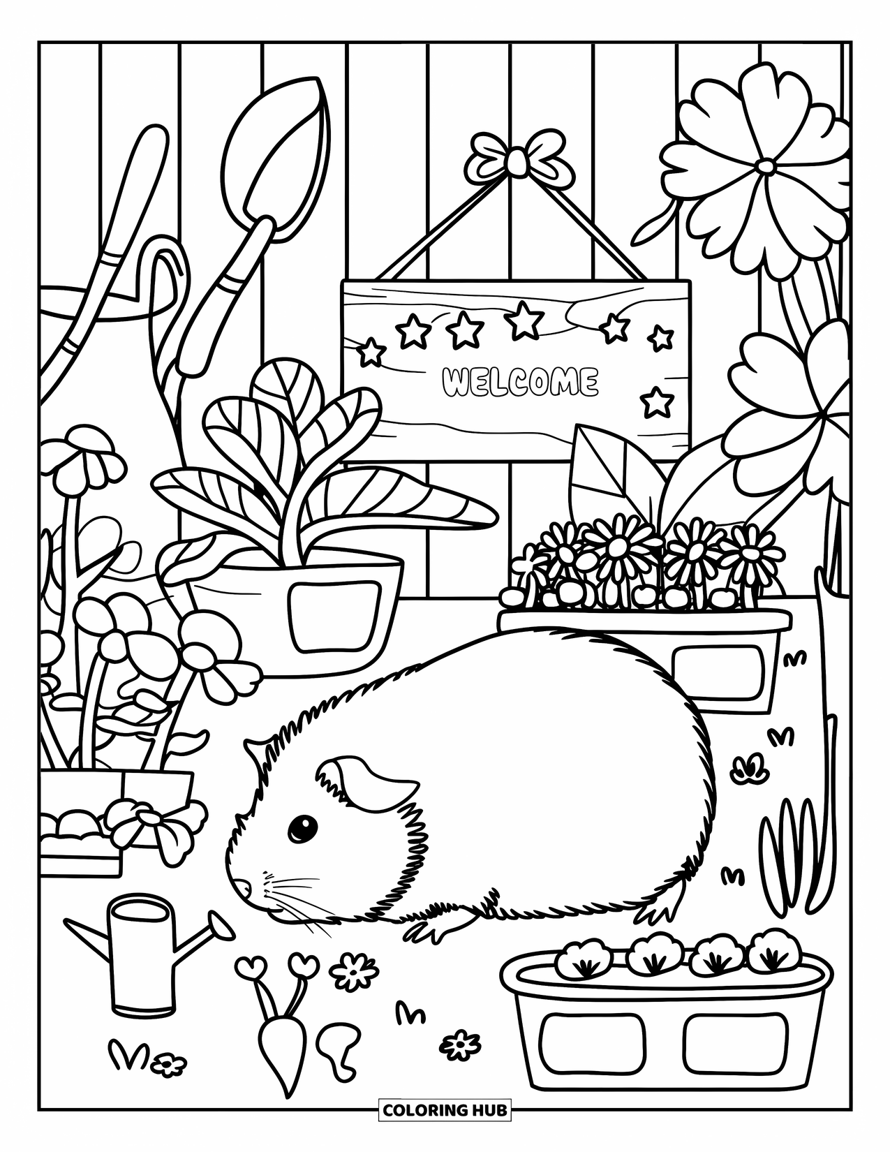 Desenho de Porquinho-da-Índia para Adultos: Porquinho-da-índia explora um jardim aconchegante cheio de flores, ferramentas e uma placa de boas-vindas
