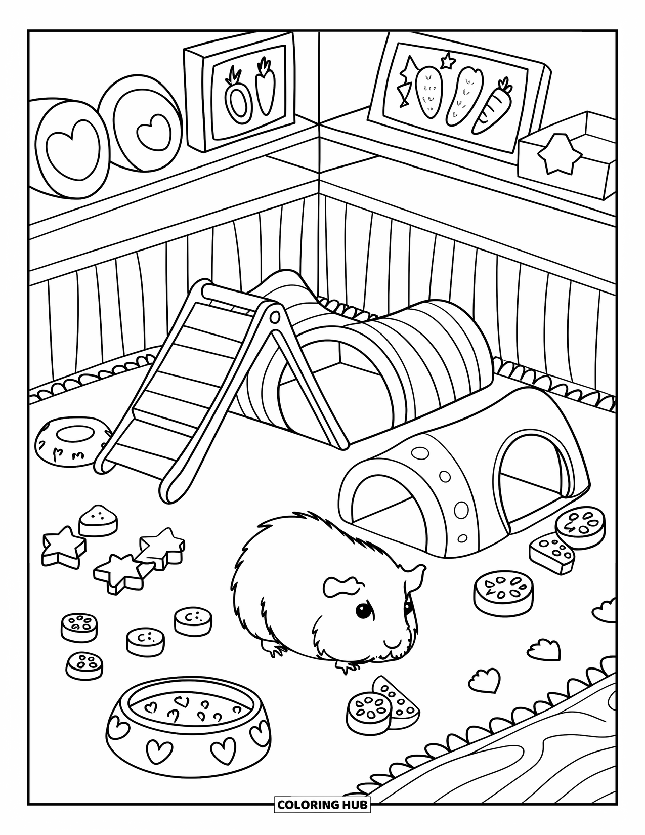 Desenho de Porquinho-da-Índia para Adultos: Porquinho-da-índia explora um cercadinho aconchegante com rampas, túneis e brinquedos em forma de fruta