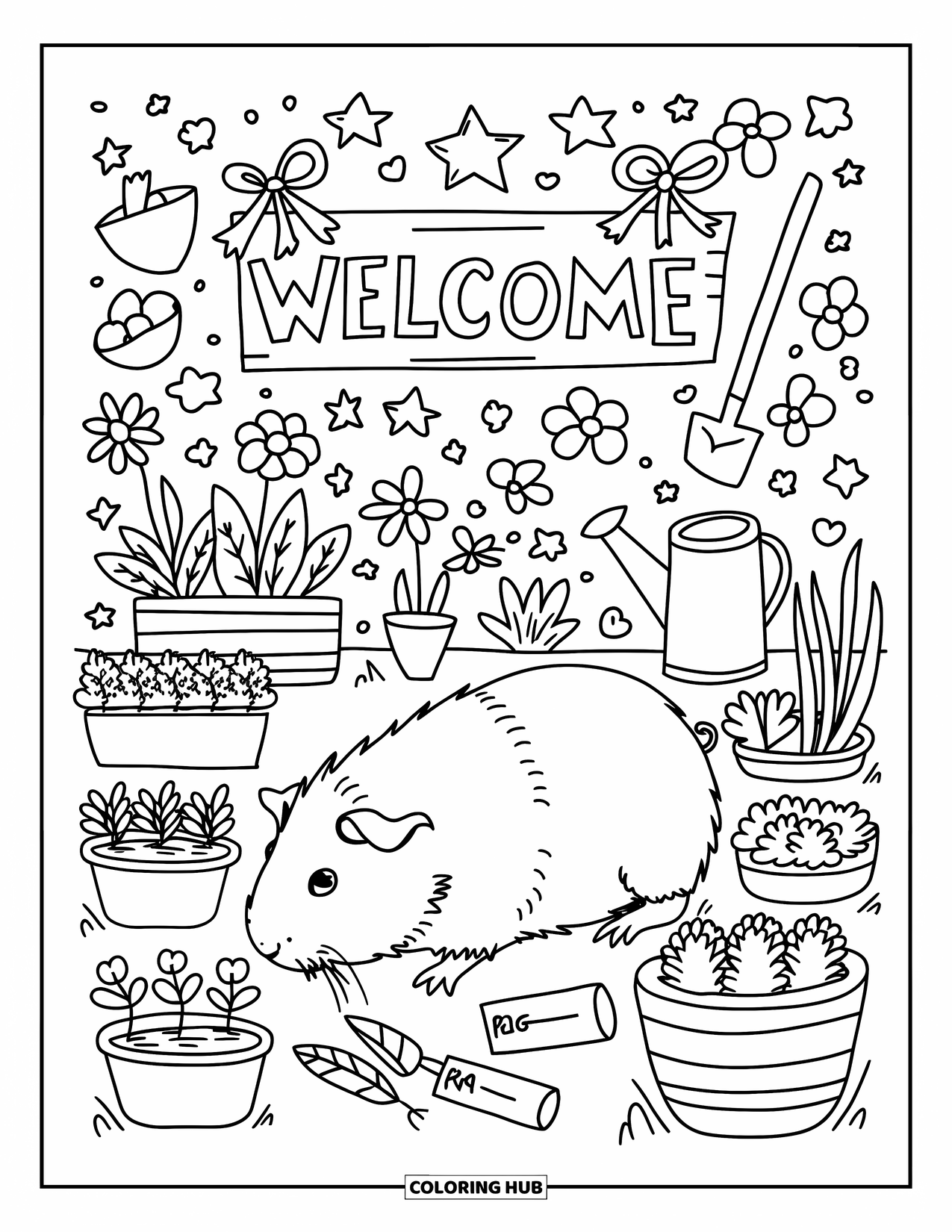 Desenho de Porquinho-da-Índia para Adultos: Porquinho-da-índia explora um mini jardim com flores grandes e ferramentas de jardinagem fofas