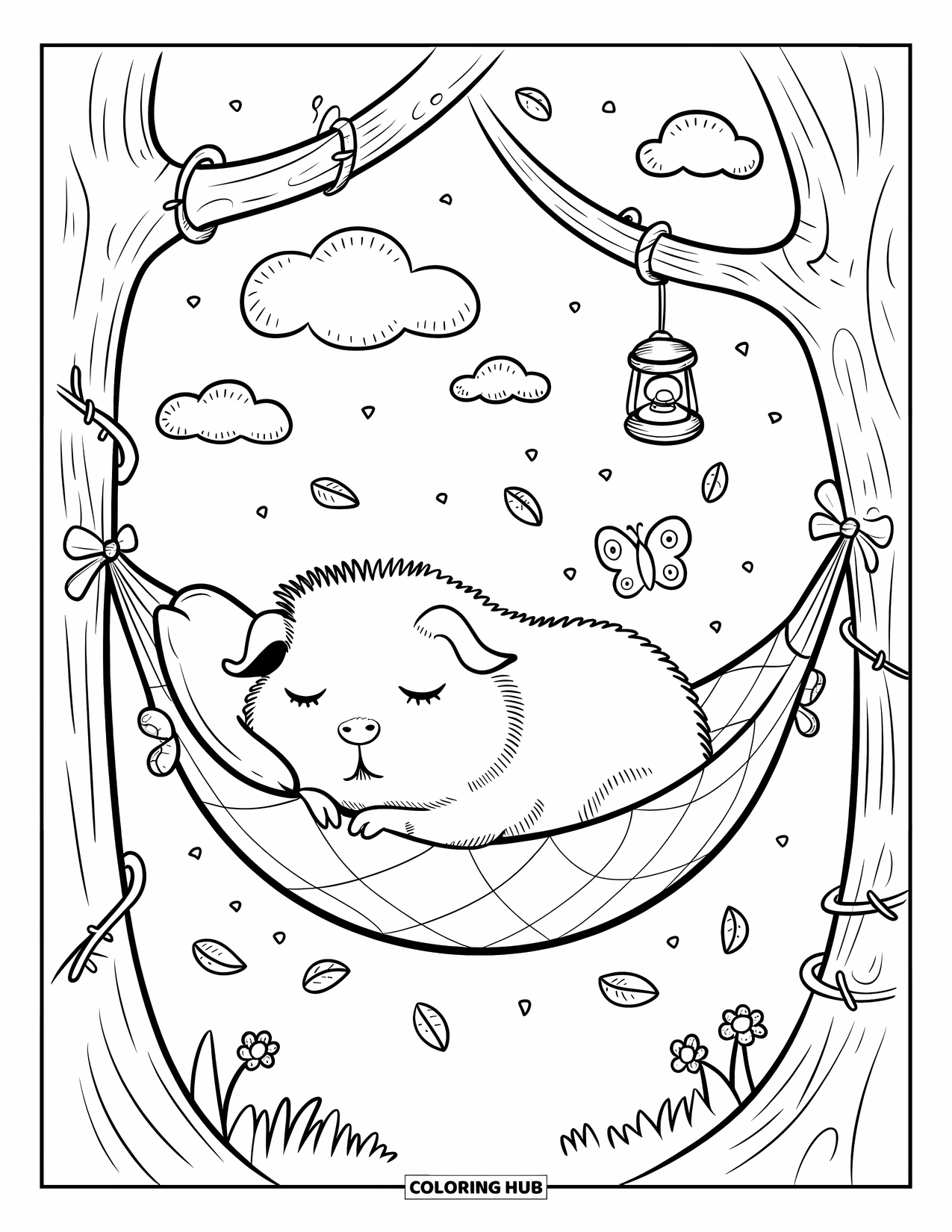 Desenho de Porquinho-da-Índia para Adultos: Porquinho-da-índia cochila em uma rede com videiras, fitas e uma borboleta por perto