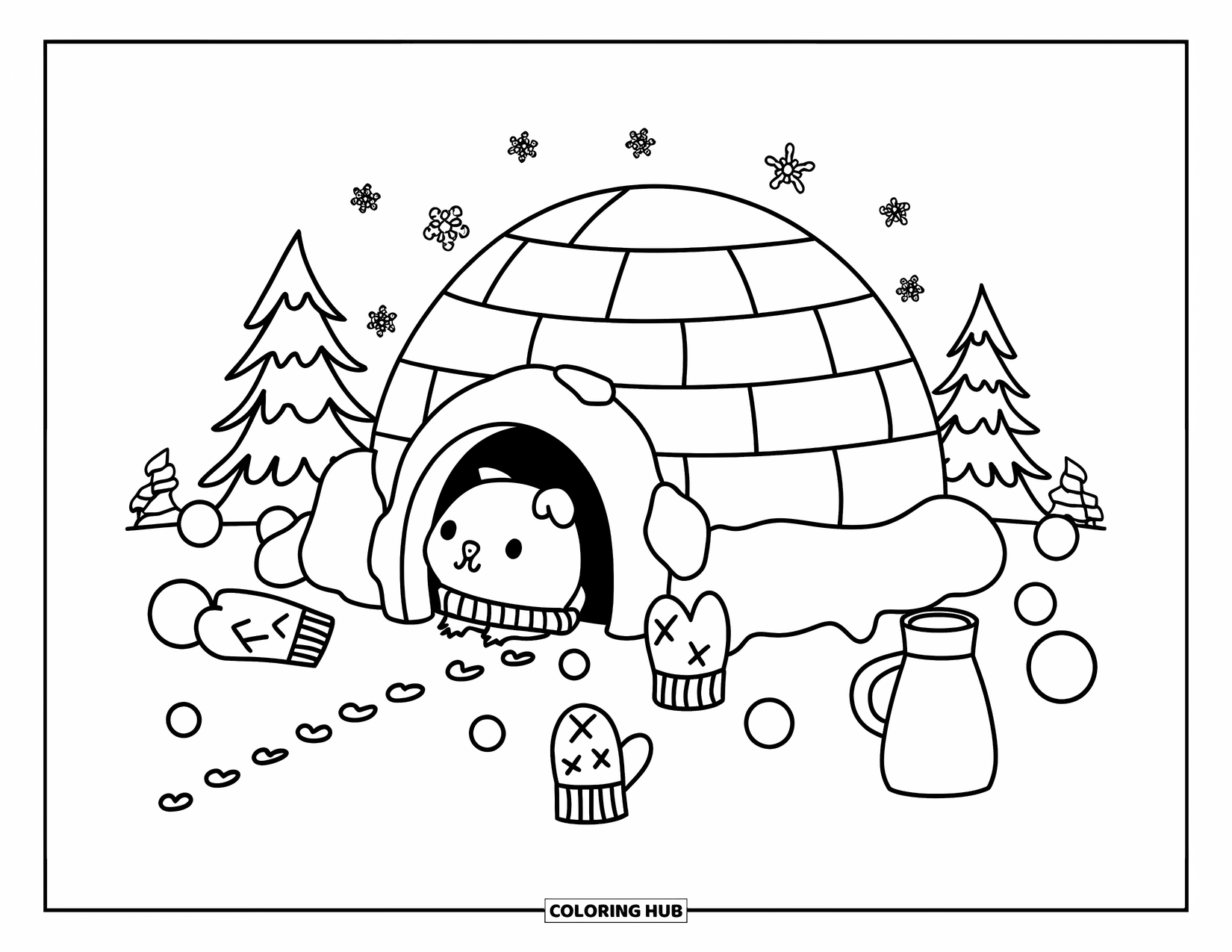 Desenho de Porquinho-da-Índia para Adultos: Porquinho-da-índia espreita para fora de um iglu de neve com um cachecol e um pequeno boneco de neve por perto
