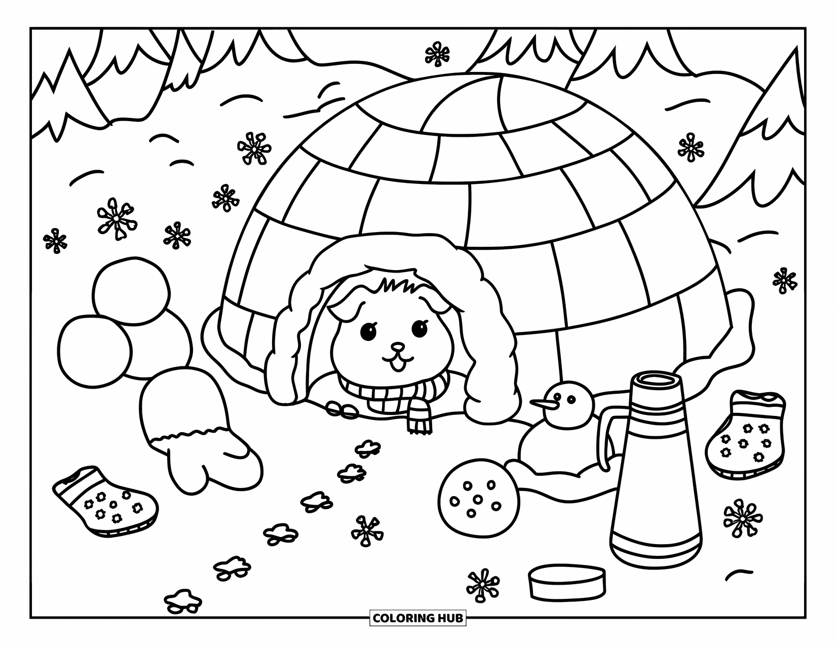 Desenho de Porquinho-da-Índia para Adultos: Porquinho-da-índia espreita para fora de um iglu nevado cercado por pinheiros e rabiscos divertidos