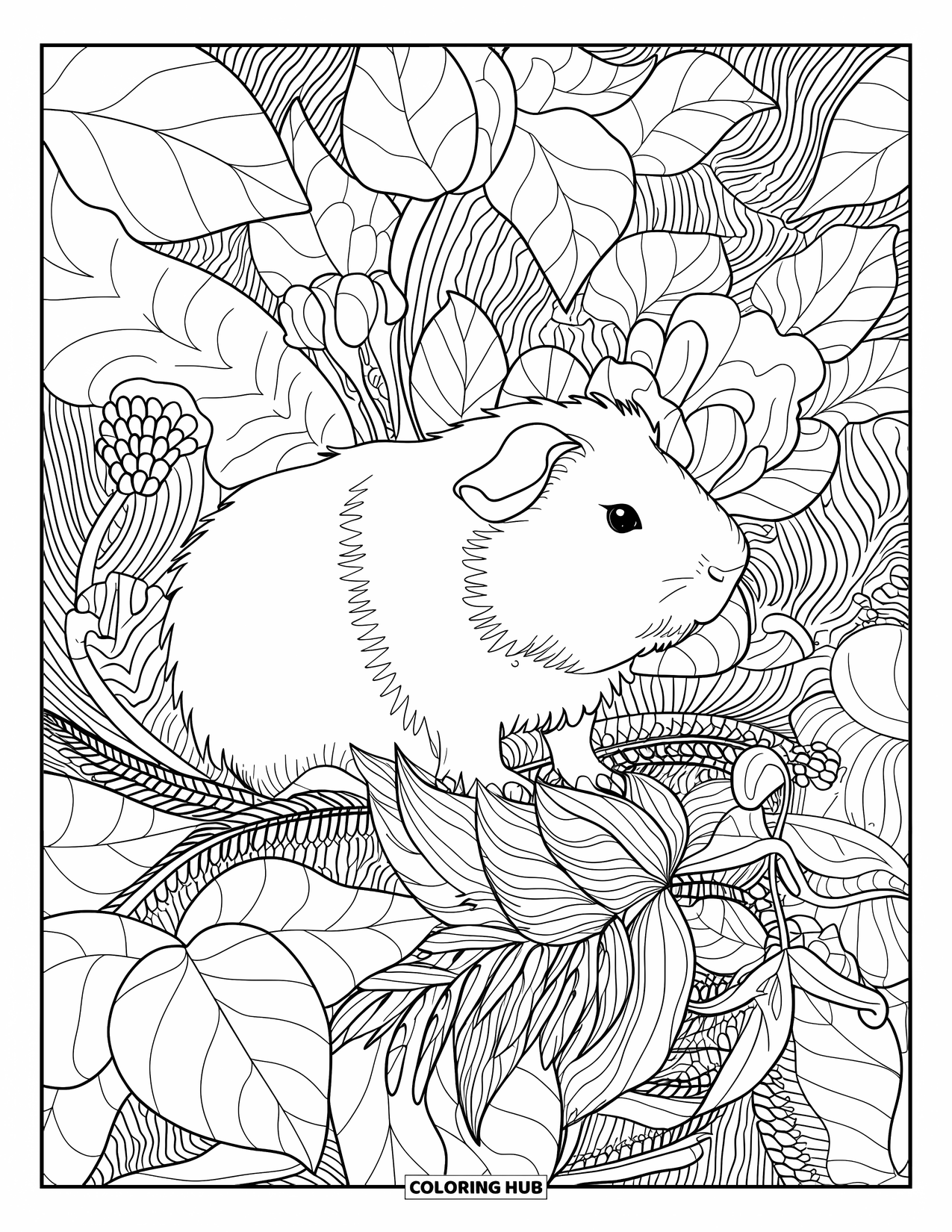Desenho de Porquinho-da-Índia para Adultos: Porquinho-da-índia relaxa entre ervas e flores com folhas e pétalas por toda parte