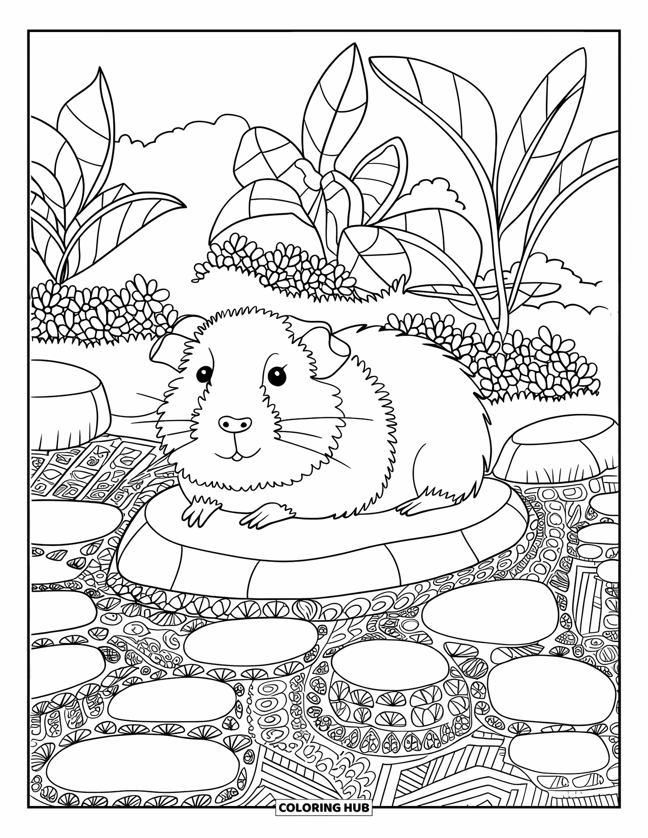 Desenho de Porquinho-da-Índia para Adultos: Porquinho-da-índia descansa em um jardim de chá tranquilo com pedras estampadas e pequenas plantas