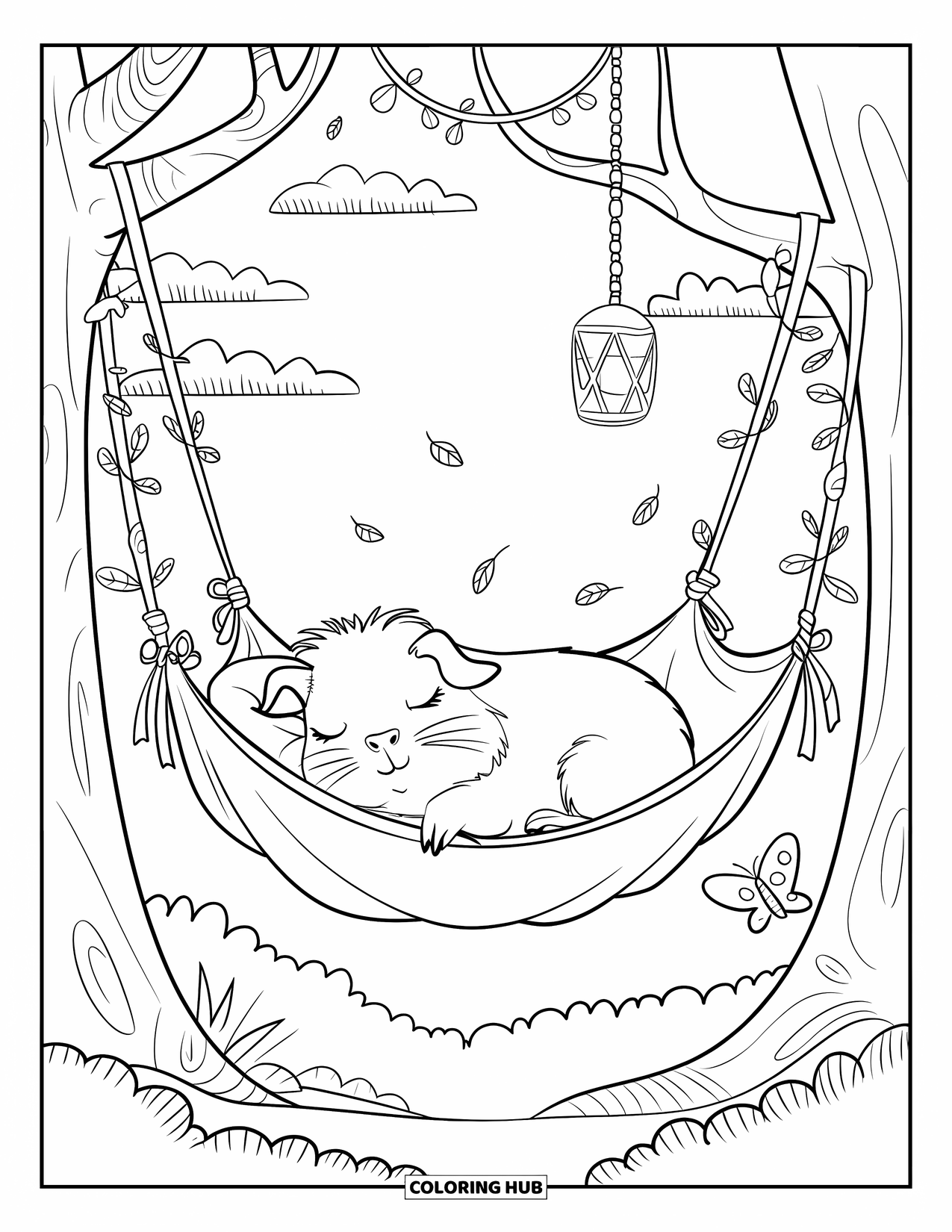 Desenho de Porquinho-da-Índia para Adultos: Porquinho-da-índia descansa em uma rede amarrada com fitas com nuvens e uma borboleta curiosa