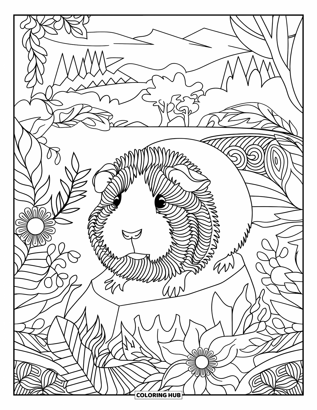 Desenho de Porquinho-da-Índia para Adultos: Porquinho-da-índia descansa em uma rocha entre árvores, flores e desenhos folhosos rodopiantes