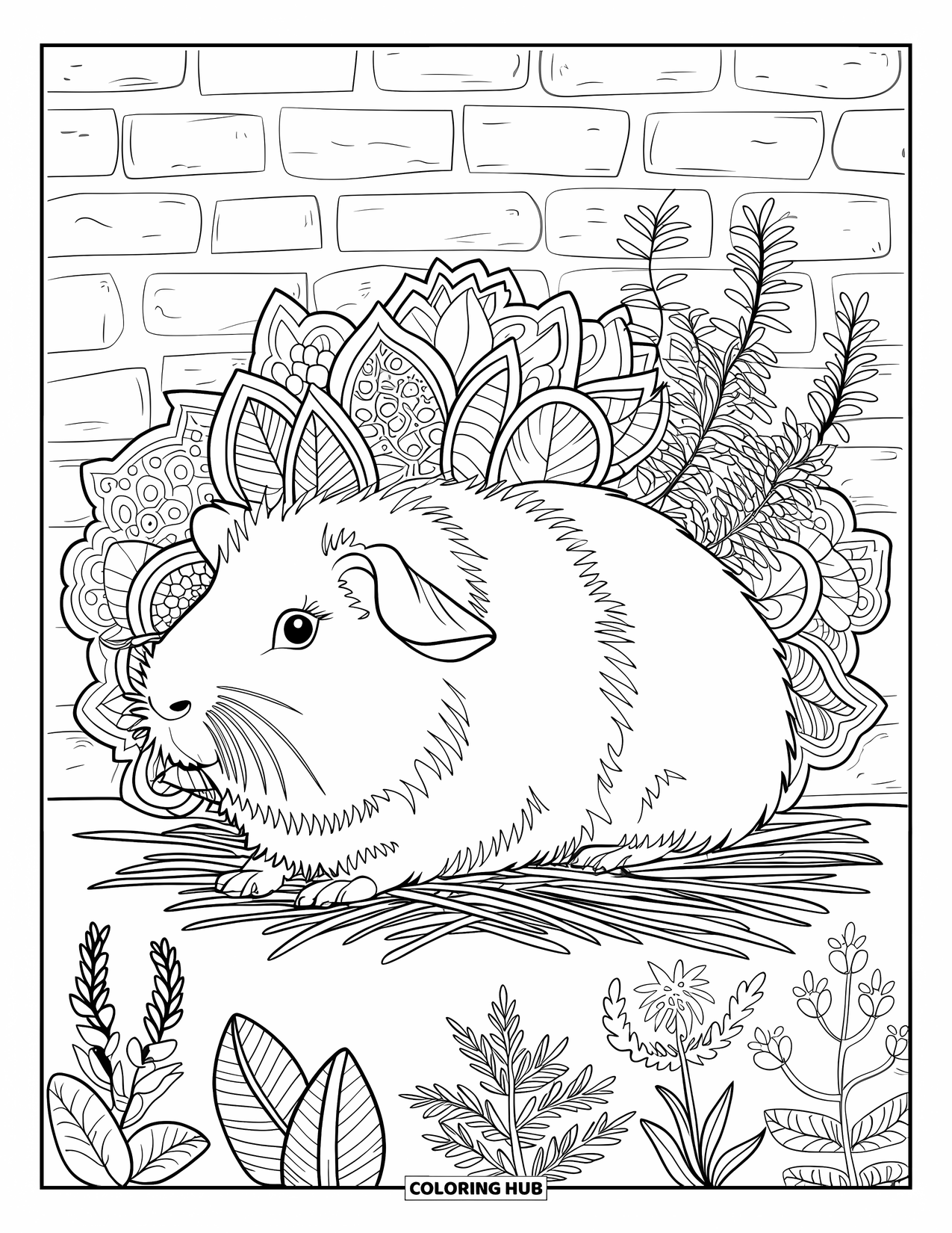 Desenho de Porquinho-da-Índia para Adultos: Porquinho-da-índia descansa em feno com alecrim, hortelã e outras ervas detalhadas ao redor