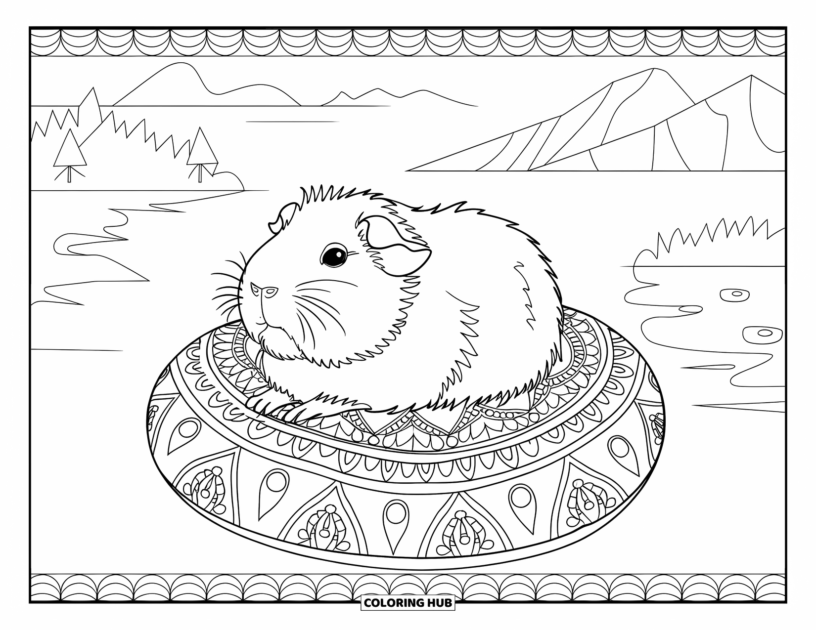 Desenho de Porquinho-da-Índia para Adultos: Porquinho-da-índia descansa pacificamente em uma almofada de mandala perto de um lago calmo e montanhas